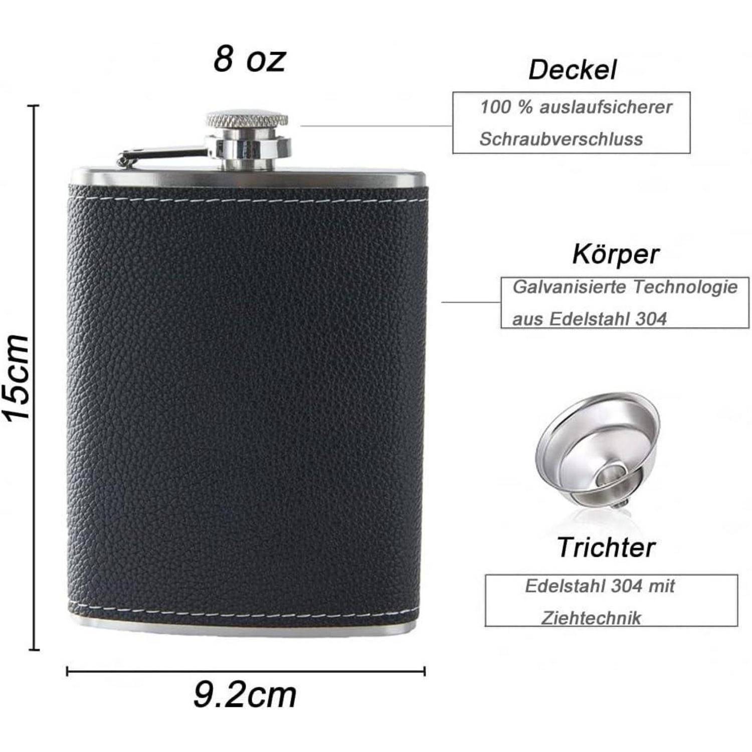 Produktdiagramm einer 8-oz-Edelstahlflasche mit schwarzem Lederbezug, Schraubverschluss und Trichter, mit Abmessungen von 15 cm Höhe und 9,2 cm Breite gekennzeichnet.