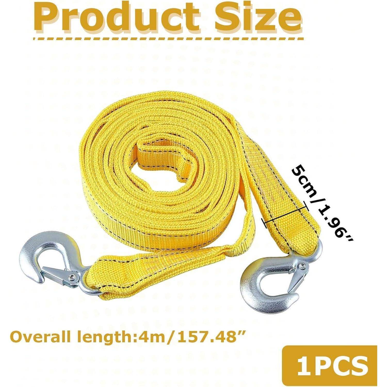 Produktgrößen-Grafik eines gelben Hebeseils mit Metallhaken, beschriftet 5 cm breit, Gesamtlänge 4 m/157,48 Zoll, 1 Stück.