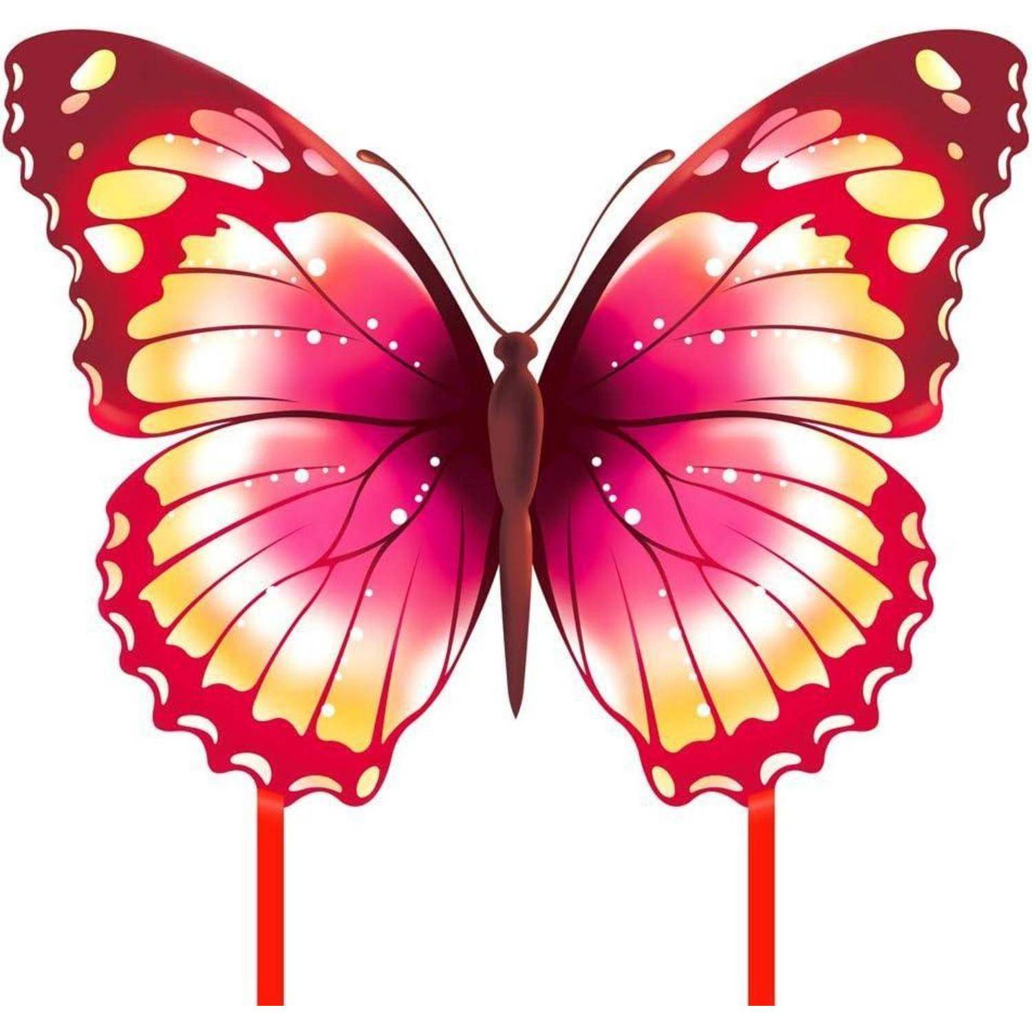 Illustrierter rosa und gelber Schmetterling mit dekorativen Flügelmustern auf weißem Hintergrund, dargestellt auf zwei roten Stöcken wie ein Aufsatz.