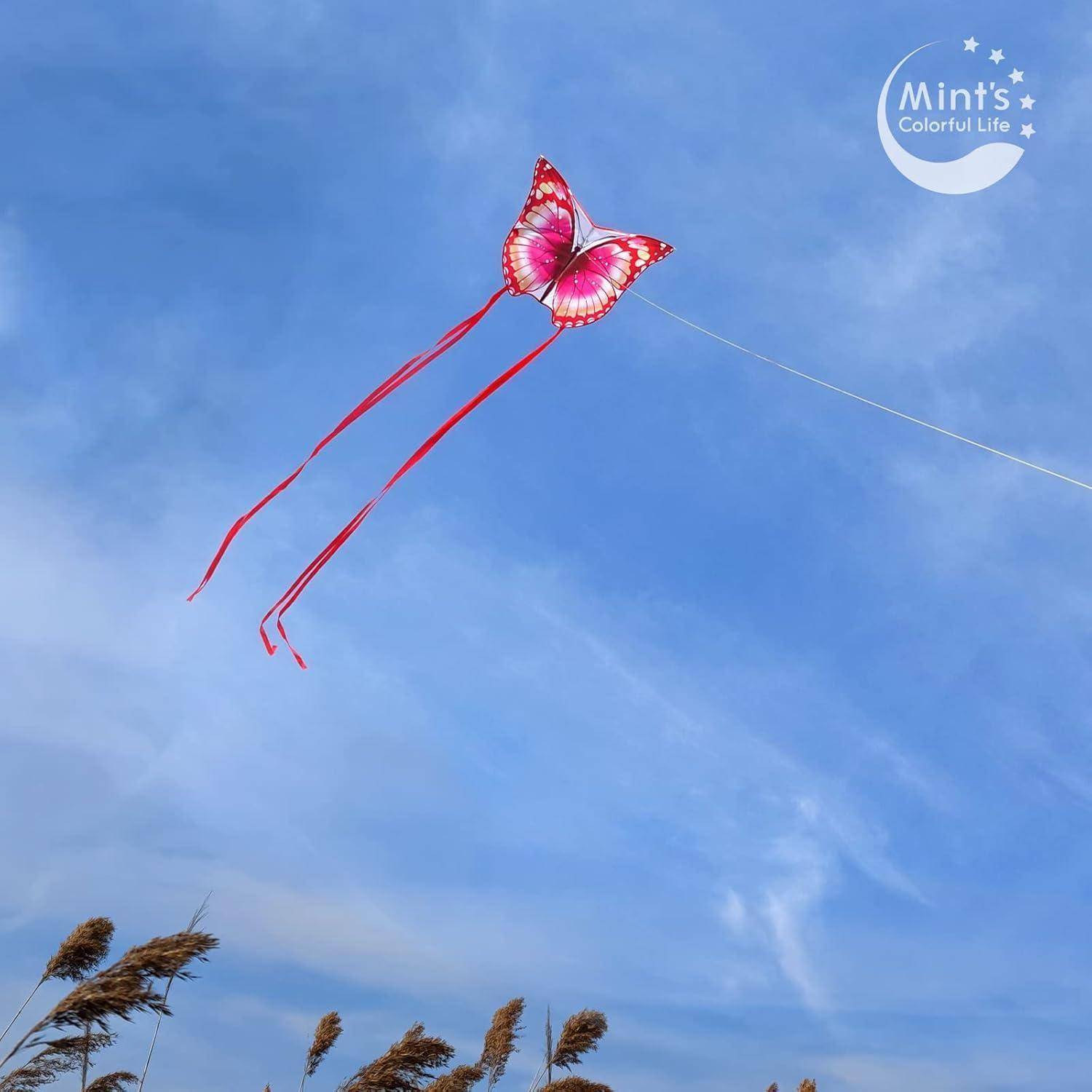 Rosa schmetterlingsförmiger Drachen mit langen roten Schwänzen, der gegen einen blauen Himmel fliegt, mit Schilf entlang der unteren Kante.
