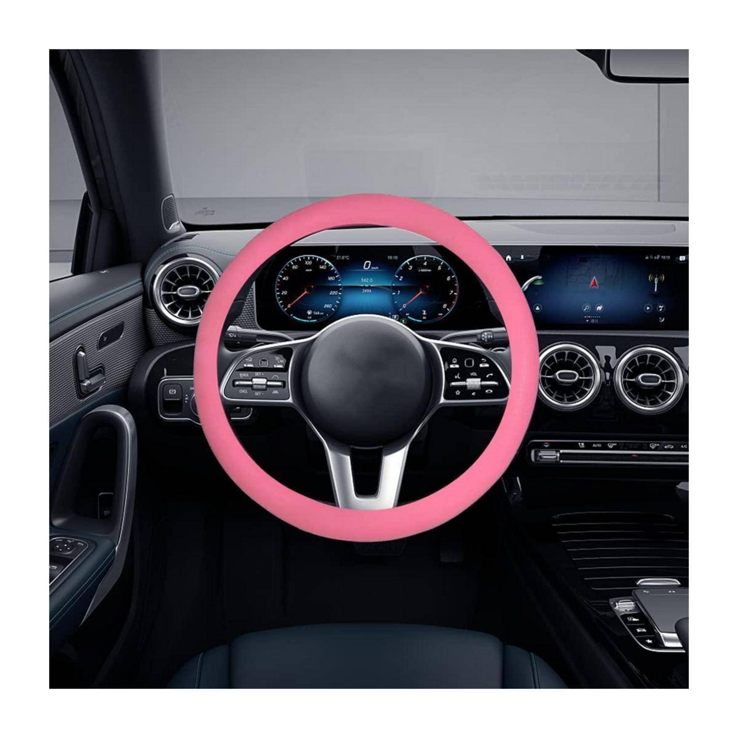 Armaturenbrett und Lenkrad des Autoinnenraums, wobei das Lenkrad durch einen rosa Kreis hervorgehoben ist.