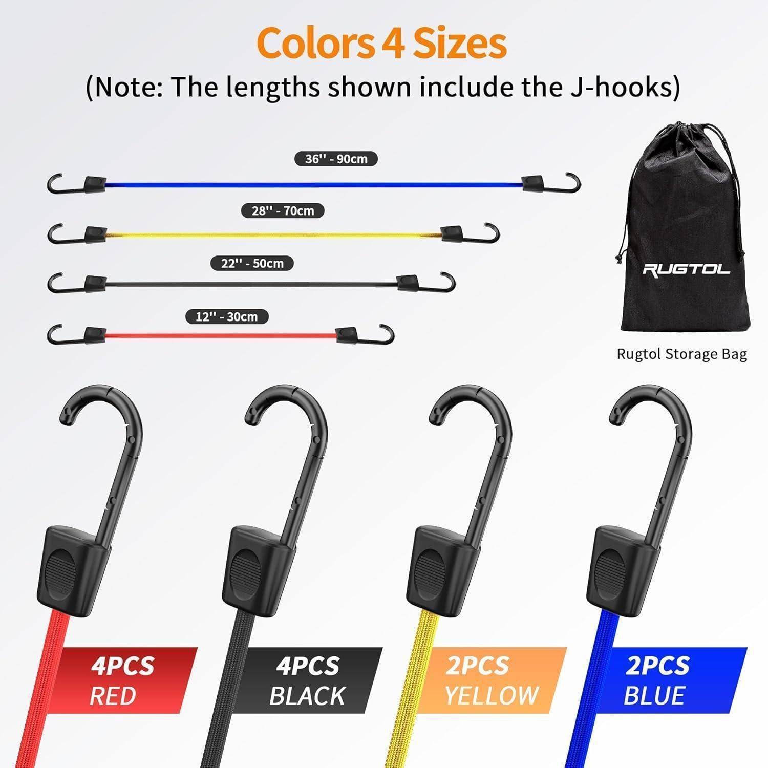 Rugtol Expander mit Haken, 12er Set Spanngummi 20cm 40cm 60cm 80cm Sortierte Farben, 100% Latex Gummispanner mit Stahl J Haken und kratzfester