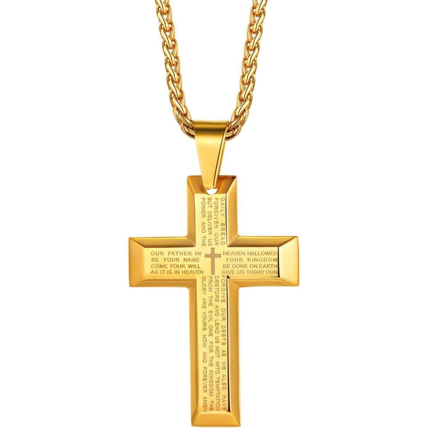 Goldenes Kreuzanhänger-Halsband mit graviertem Herrengebet-Text an einer Kette, vor weißem Hintergrund dargestellt.