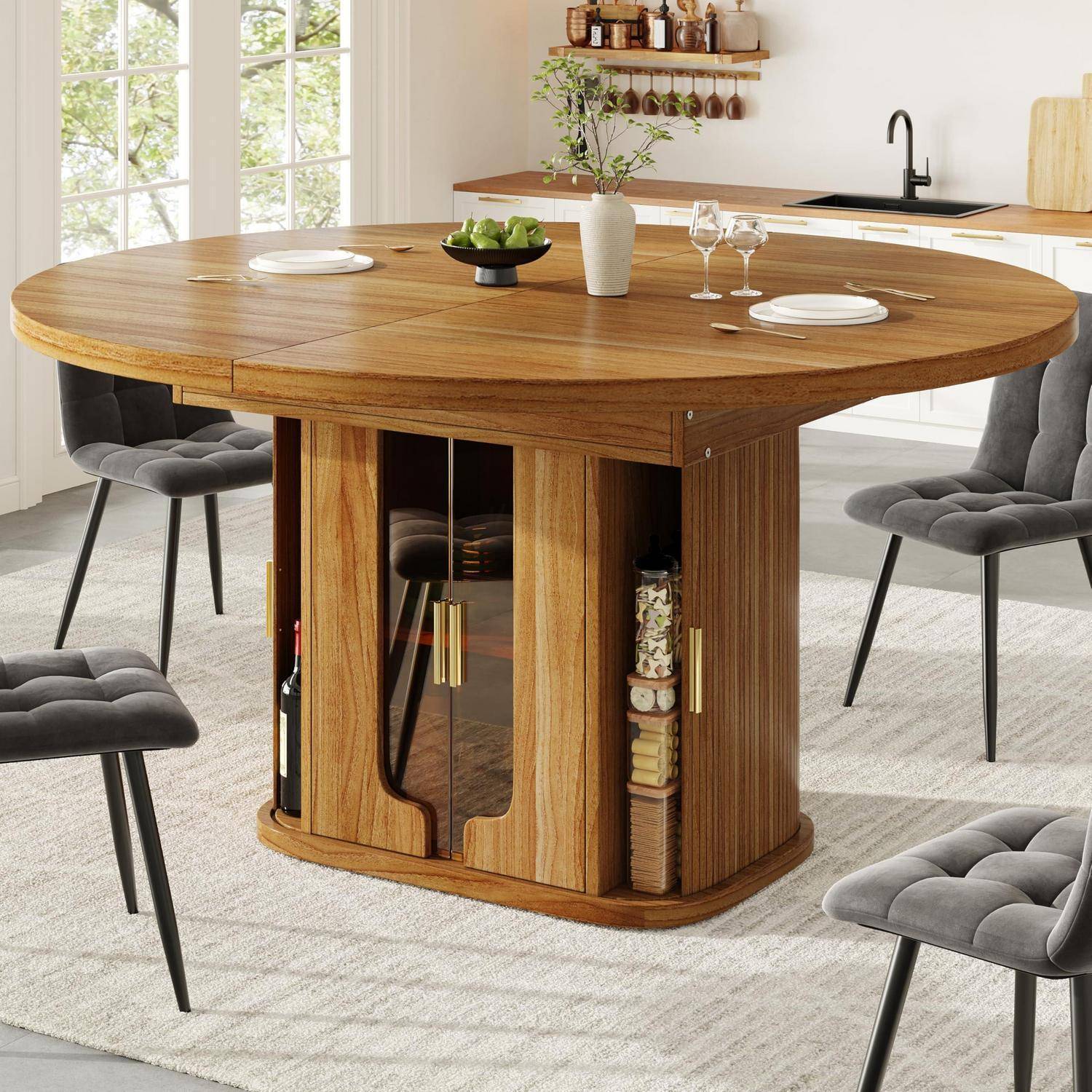 Esstisch ausziehbar, Esszimmertisch, Küchentisch, Runder Esstisch, ausziehbar zu oval, 118-158 cm, Platz für bis zu 6 Personen, Dreischichtige Lager