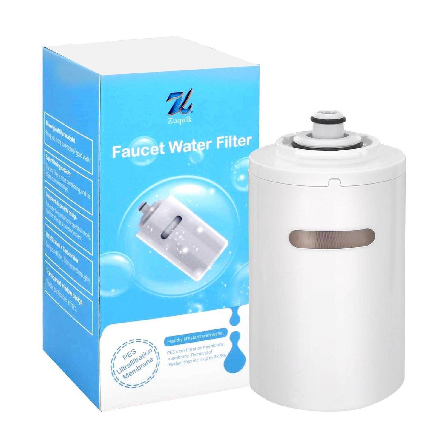 Filterpatrone für Hahnwasserfilter in Schachtung, abgebildet neben ihrer blauen Verkaufsverpackung mit der Beschriftung 