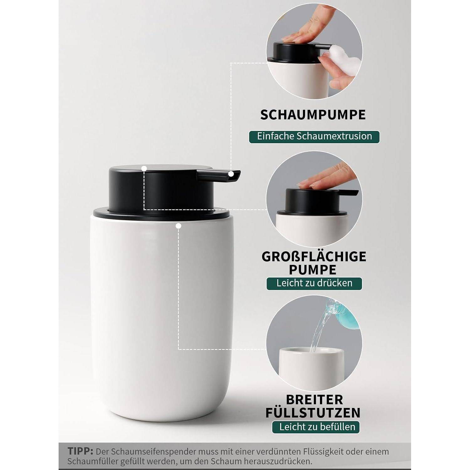 Weiße Seifenspenderflasche mit schwarzer Schaumstoffpumpe und Auslauf, beschriftet in Deutsch: 'Schau m'pumpe', 'großflächige Pumpe' und 'breiter Füllstutzen' für müheloses Dosieren und Nachfüllen.