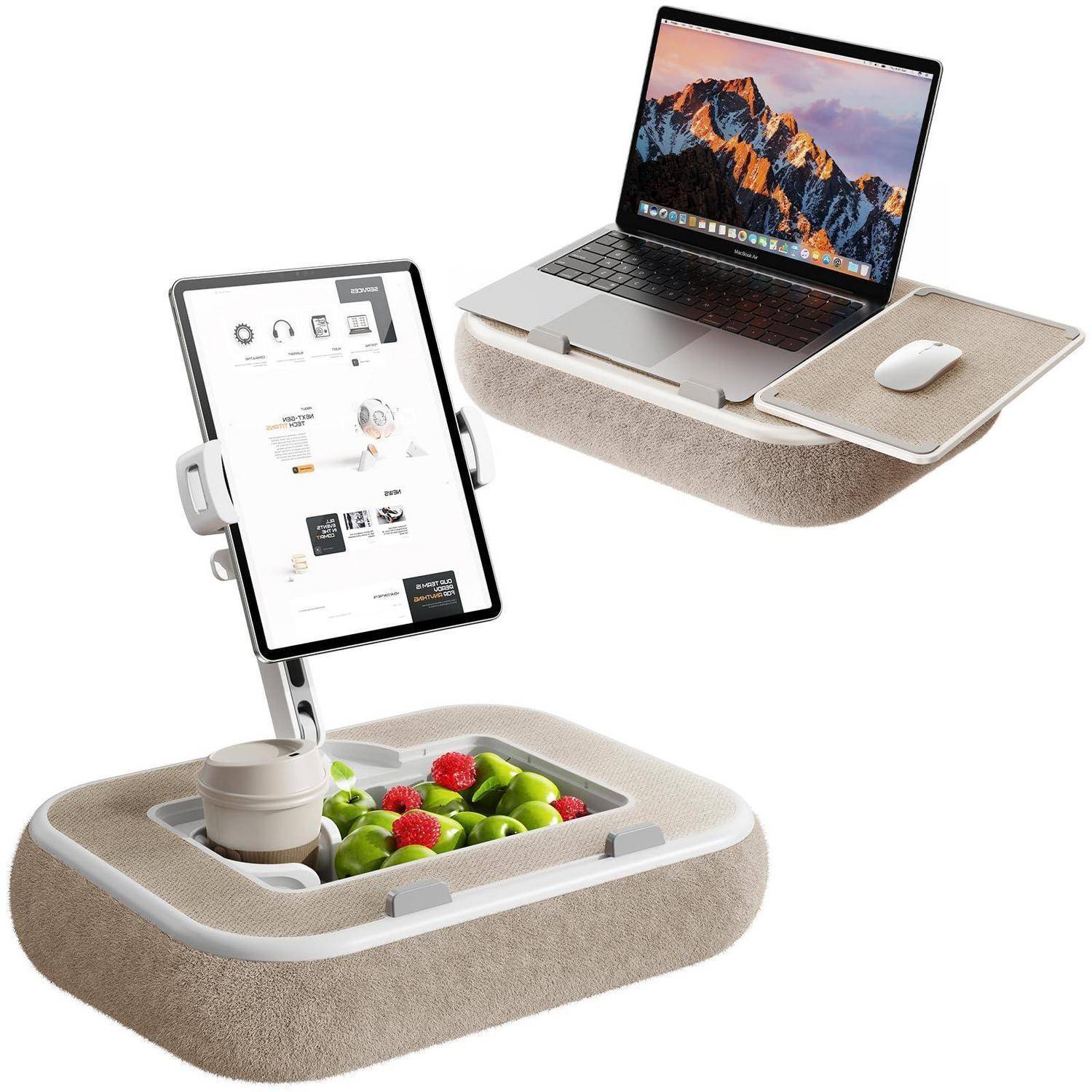 Laptop und Tablet auf einem beigen Schoßschreibtisch mit integriertem Tablett mit Obst, das eine flexible Workstation für Geräte und Snacks zeigt.