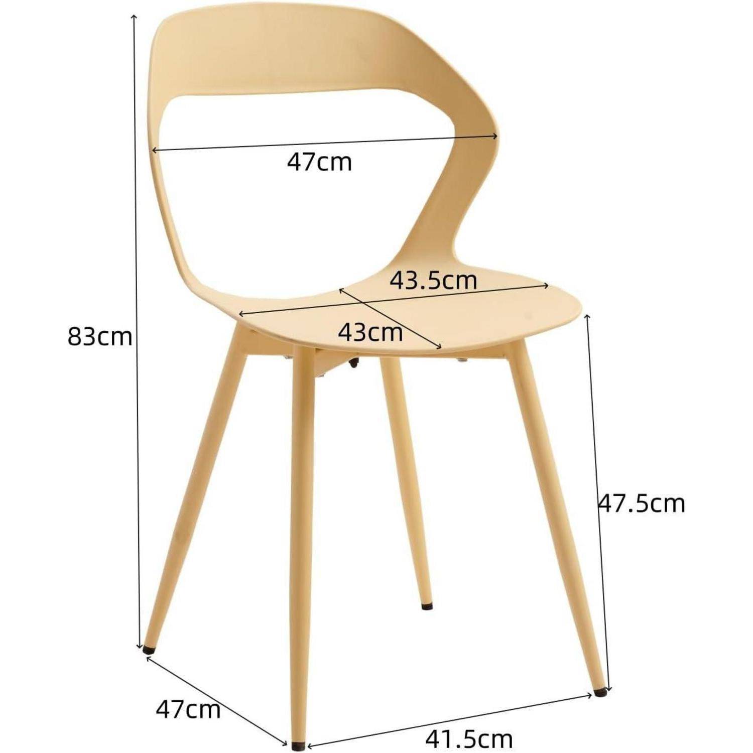 Diagramm eines Holzstuhls mit beschrifteten Abmessungen: 83cm hoch, 47cm breit, Sitzfläche 43cm × 43,5cm, Sitzhöhe 47,5cm, Basis 47cm × 41,5cm.