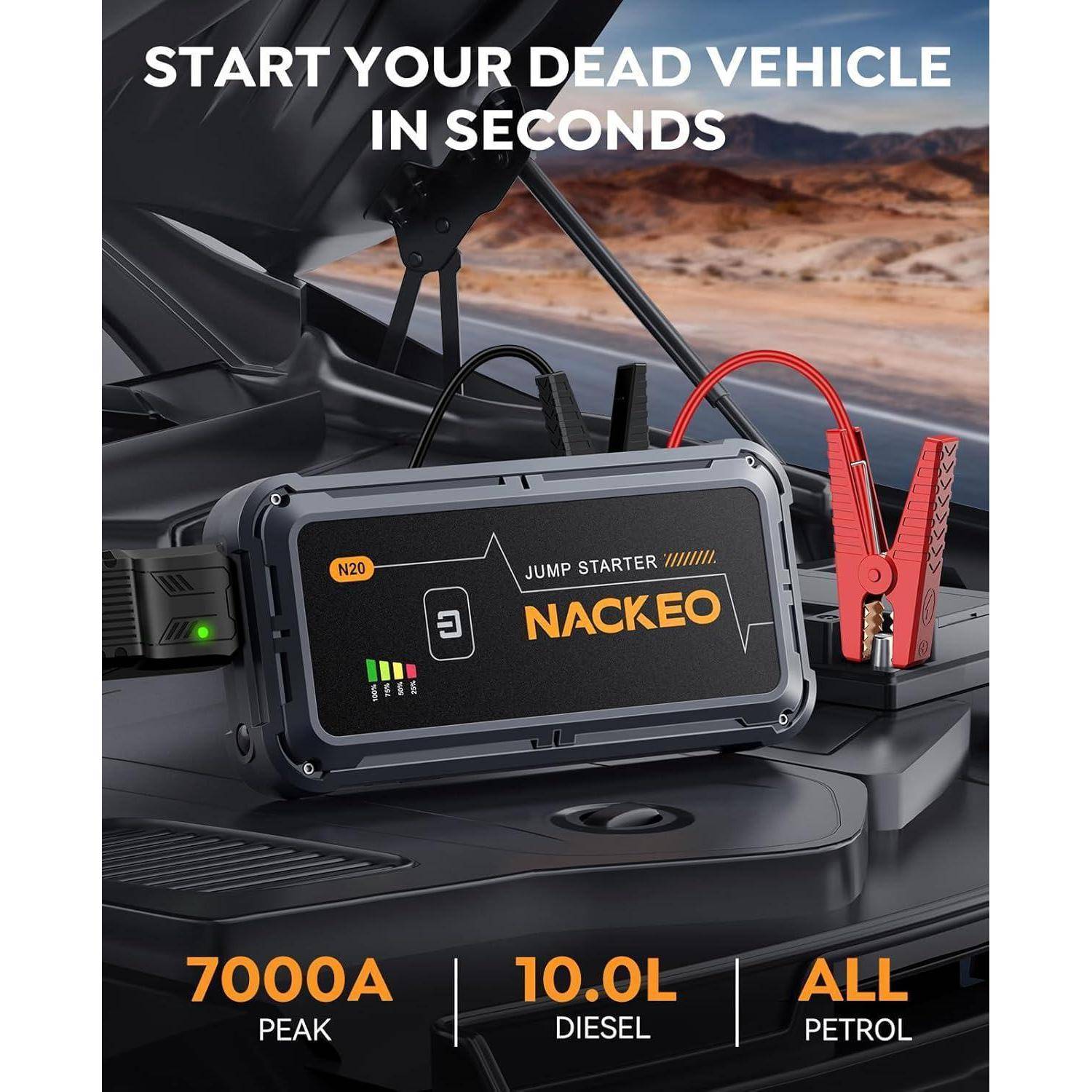 7000A Starthilfe Powerbank für PKW, 12V Batterie Booster (bis zu Allen Benzinmotoren und 10L Diesel), Starter Powerbank mit Starthilfekabel & LED