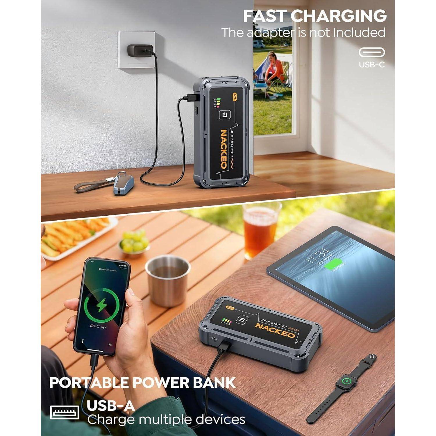 7000A Starthilfe Powerbank für PKW, 12V Batterie Booster (bis zu Allen Benzinmotoren und 10L Diesel), Starter Powerbank mit Starthilfekabel & LED