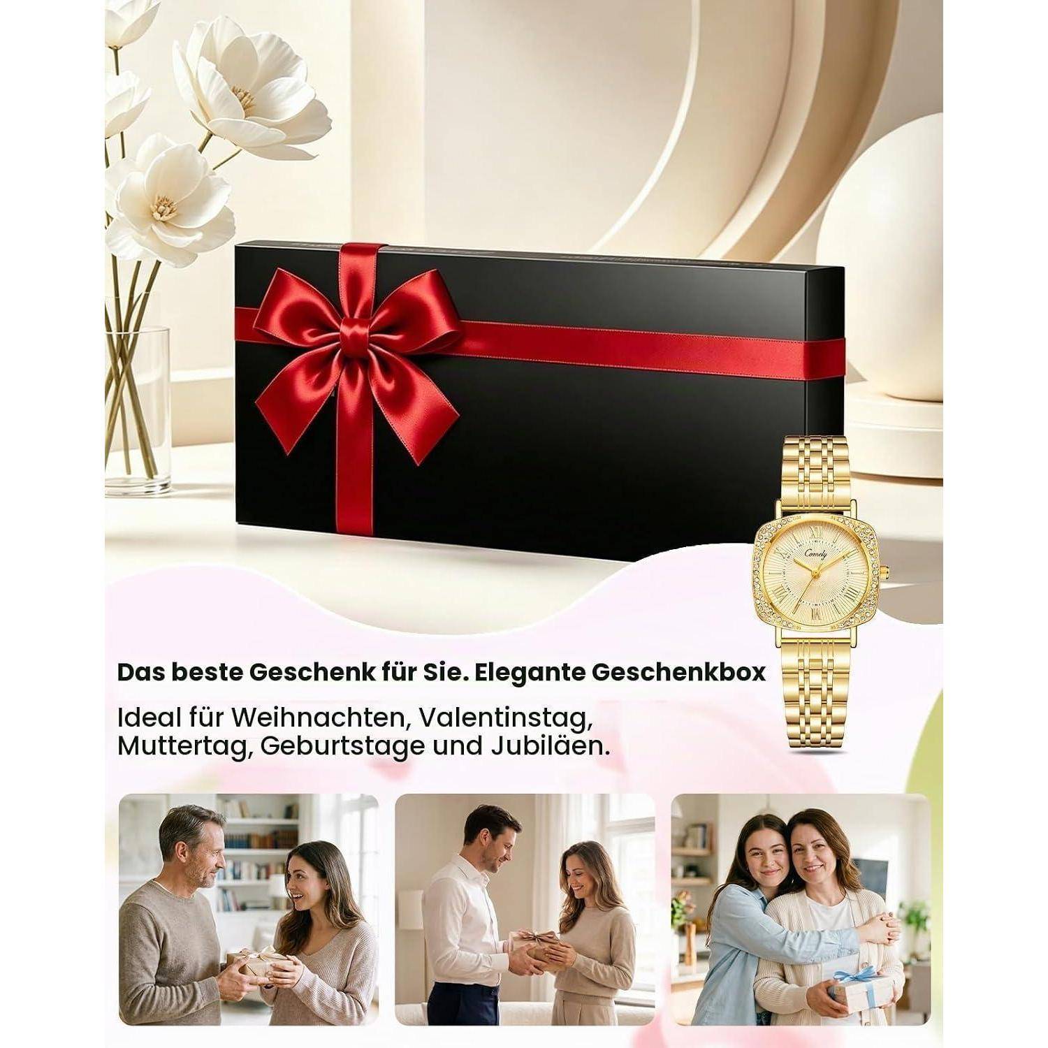 Luxusgeschenkbox mit schwarzer Schachtel, gebunden mit rotem Band und goldener Armbanduhr; Der deutsche Text besagt, dass es das beste Geschenk für Weihnachten, Valentinstag, Muttertag, Geburtstage und Jubiläen ist.