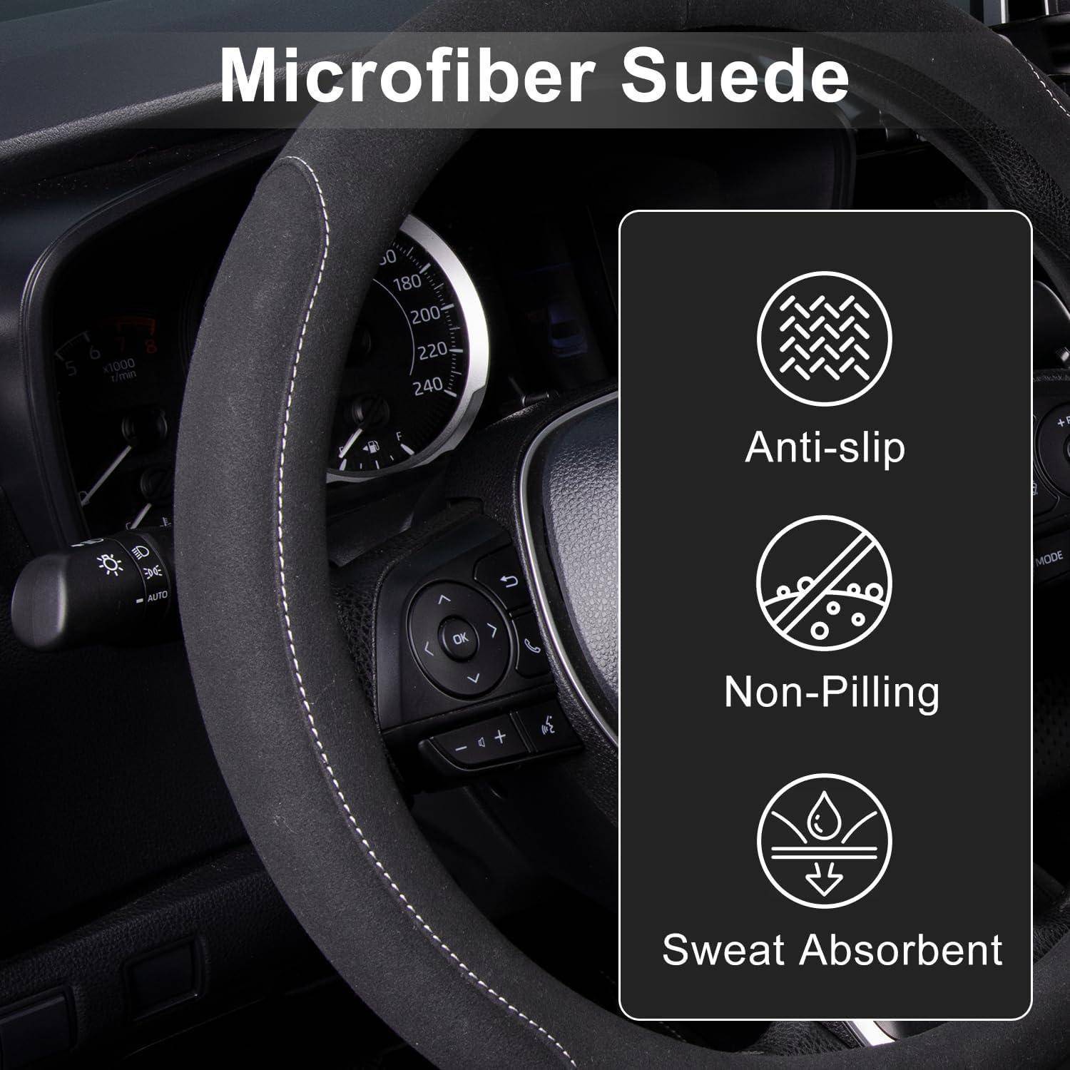Werbebild einer Autolenkradbezug aus „Mikrofaser-Wildleder" mit Funktionssymbolen und Text: rutschfest, pillingfrei, schweißabsorbierend.
