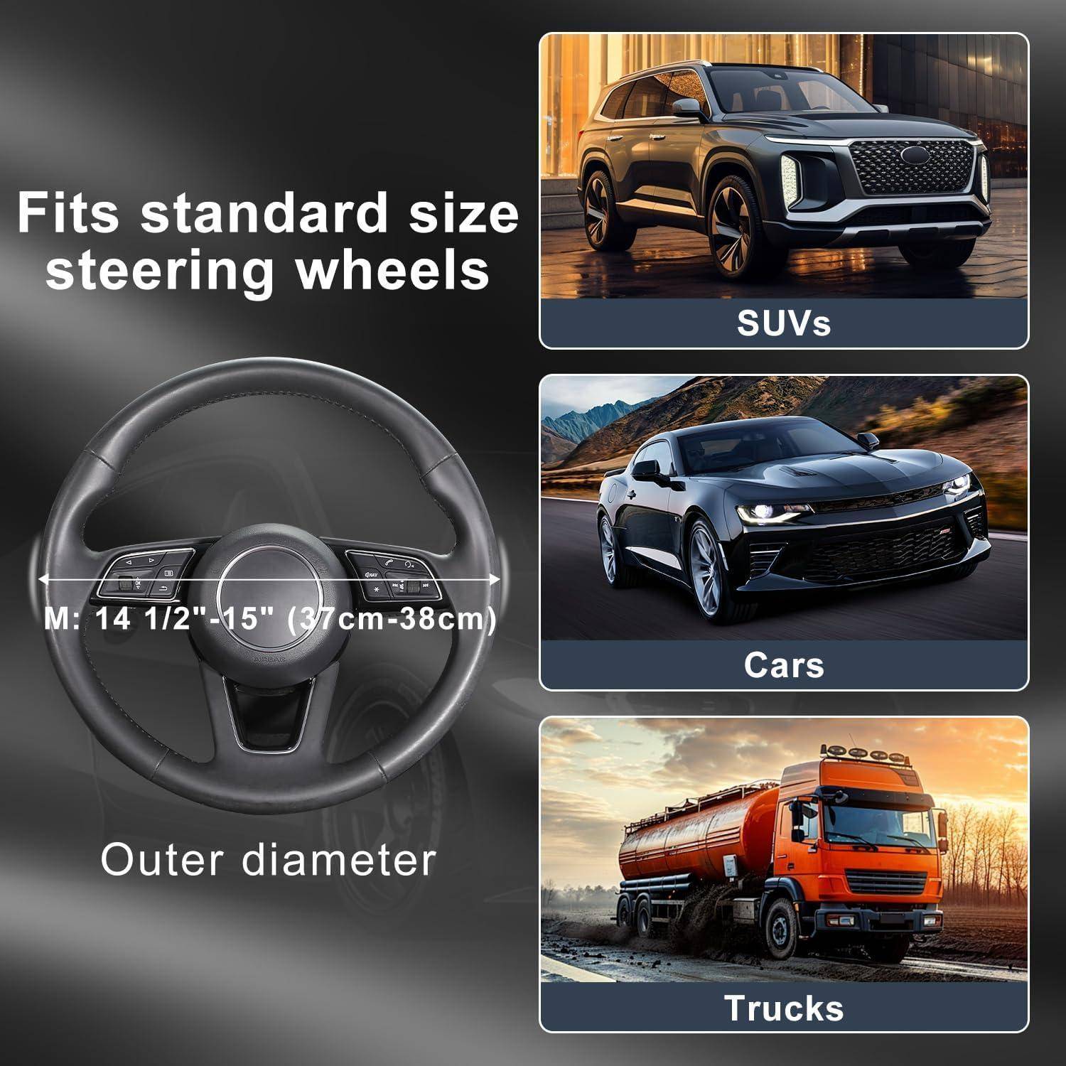 Infografik, die die Größe einer Lenkradhülle zeigt: passt auf Standard-Lenkräder von 14 1/2–15 Zoll (37–38 cm), für SUVs, Autos und Lastkraftwagen.