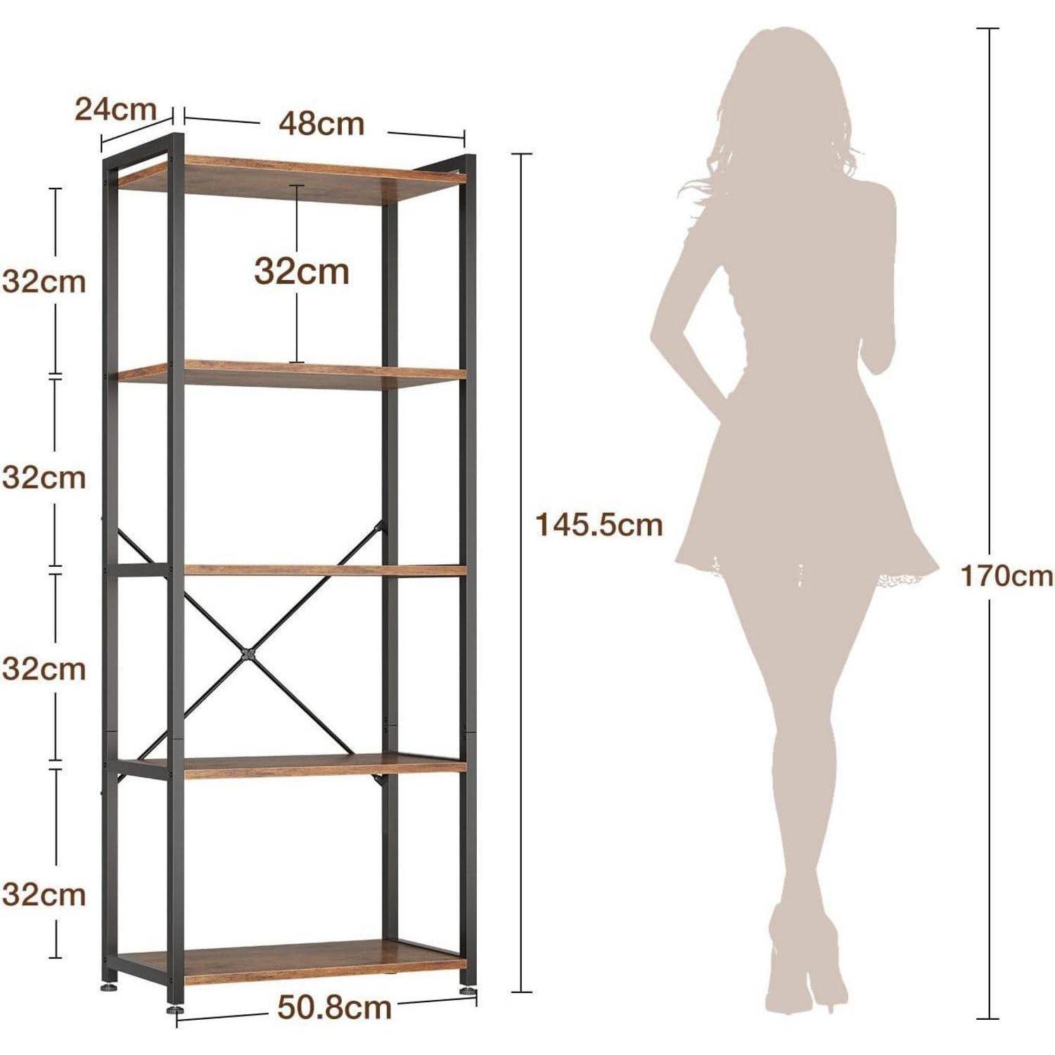 Coleshome Regal mit 5 Ebenen, Bücherregal mit Stauraum, 20 x 50.8 x 145.5 cm Regal Stehend für Büro, Wohnzimmer, Schlafzimmer, Küche, Braun Braun