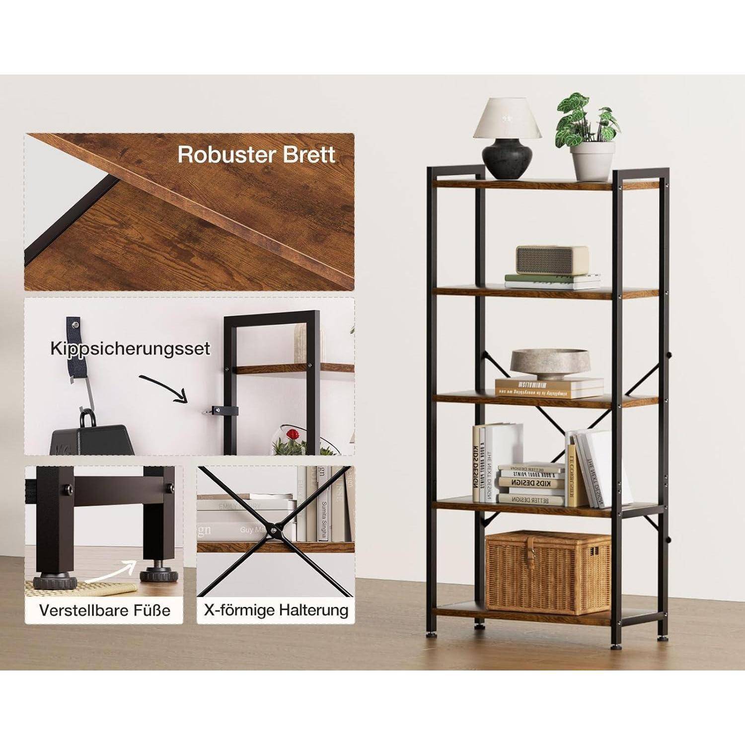 Coleshome Regal mit 5 Ebenen, Bücherregal mit Stauraum, 20 x 50.8 x 145.5 cm Regal Stehend für Büro, Wohnzimmer, Schlafzimmer, Küche, Braun Braun