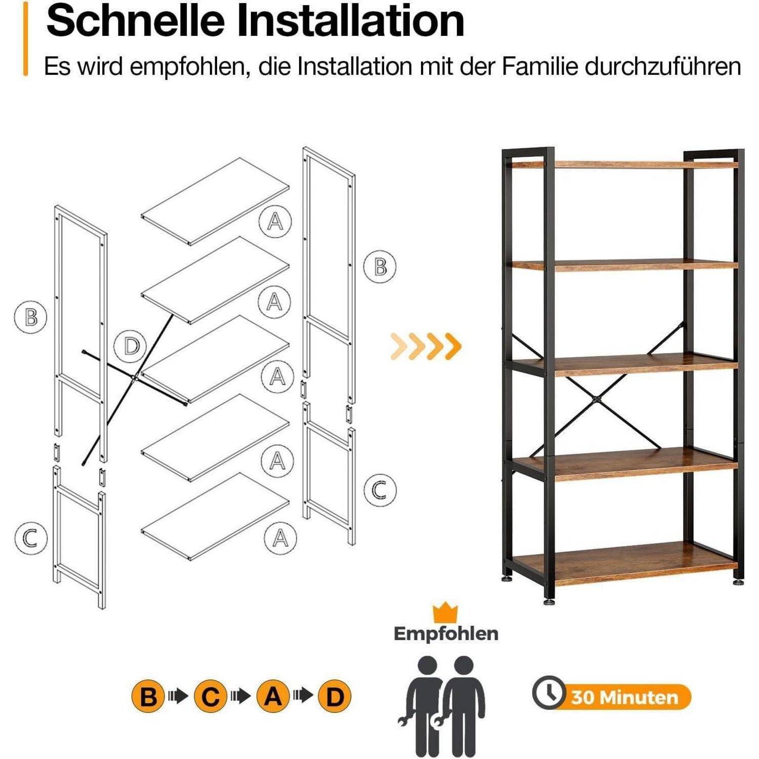 Coleshome Regal mit 5 Ebenen, Bücherregal mit Stauraum, 20 x 50.8 x 145.5 cm Regal Stehend für Büro, Wohnzimmer, Schlafzimmer, Küche, Braun Braun