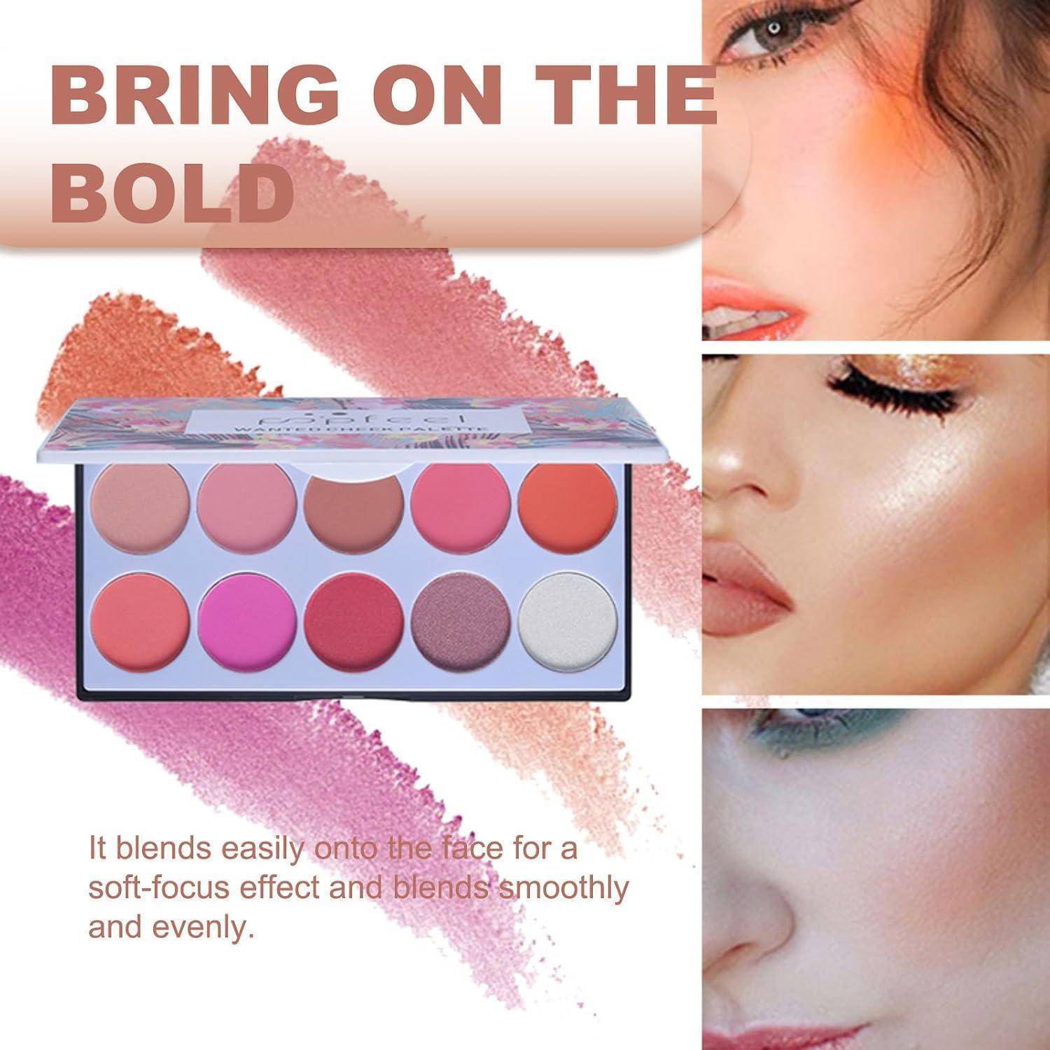 Makeup-Anzeige mit einer 10er-Blush-Palette in kräftigen Pink- und Nude-Tönen, dazu Nahaufnahmen von Gesichtern von Modellen; der Text besagt „BRING ON THE BOLD