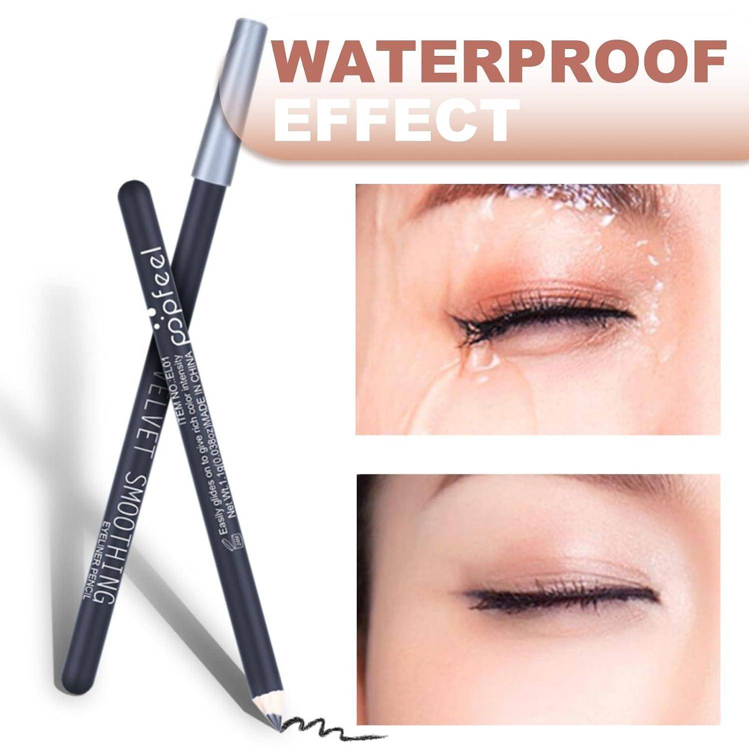 Wischfester Augenstift mit Waterproof-Effekt, mit zwei Produktstiften und Vorher-Nachher-Nahaufnahmen, die zeigen, dass das Make-up trotz Wasser hält.