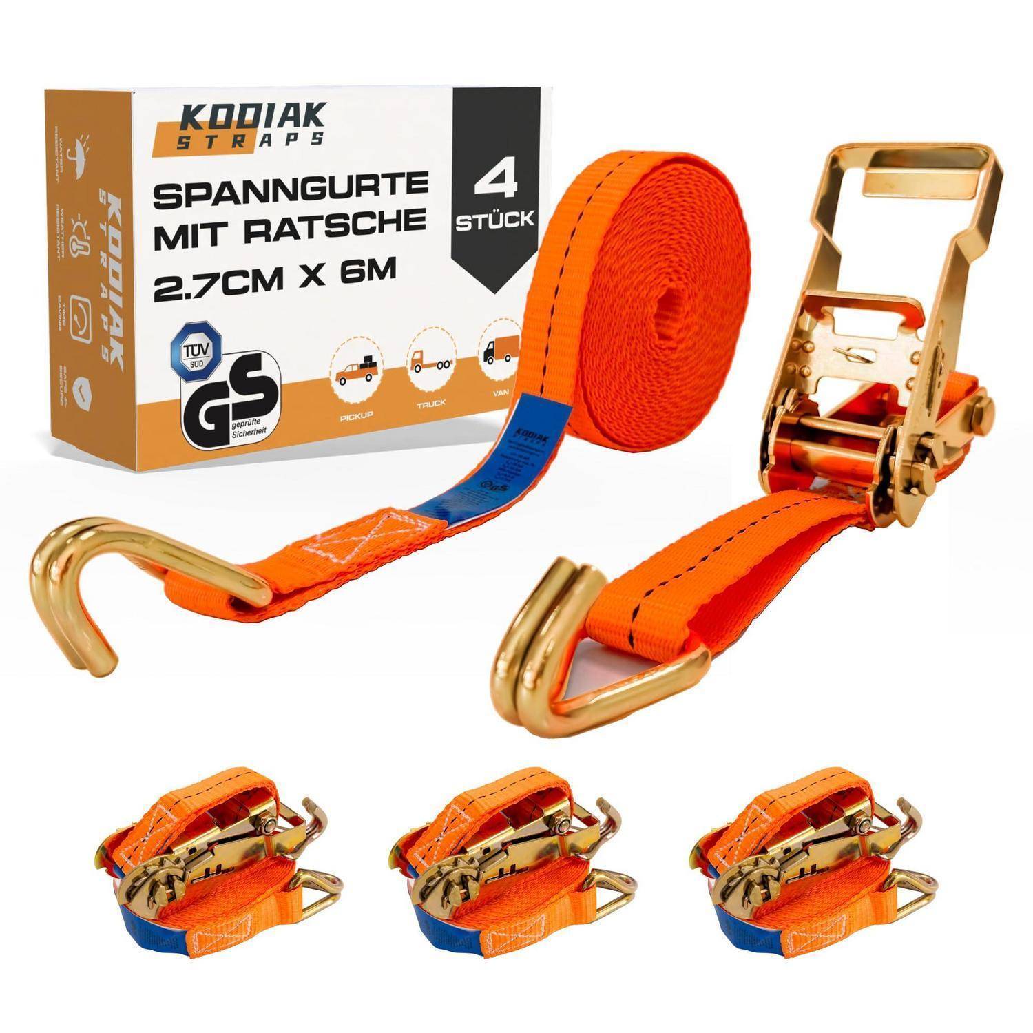 Produktabbildung von orangefarbenen KODIAK STRAPS Spanngurten mit Ratsche, die eine 4er-Pack-Box, einen aufgerollten Gurt, eine Ratschenschnalle und Haken zeigt, gekennzeichnet mit „Spanngurte mit Ratsche 2,7 cm x 6 m