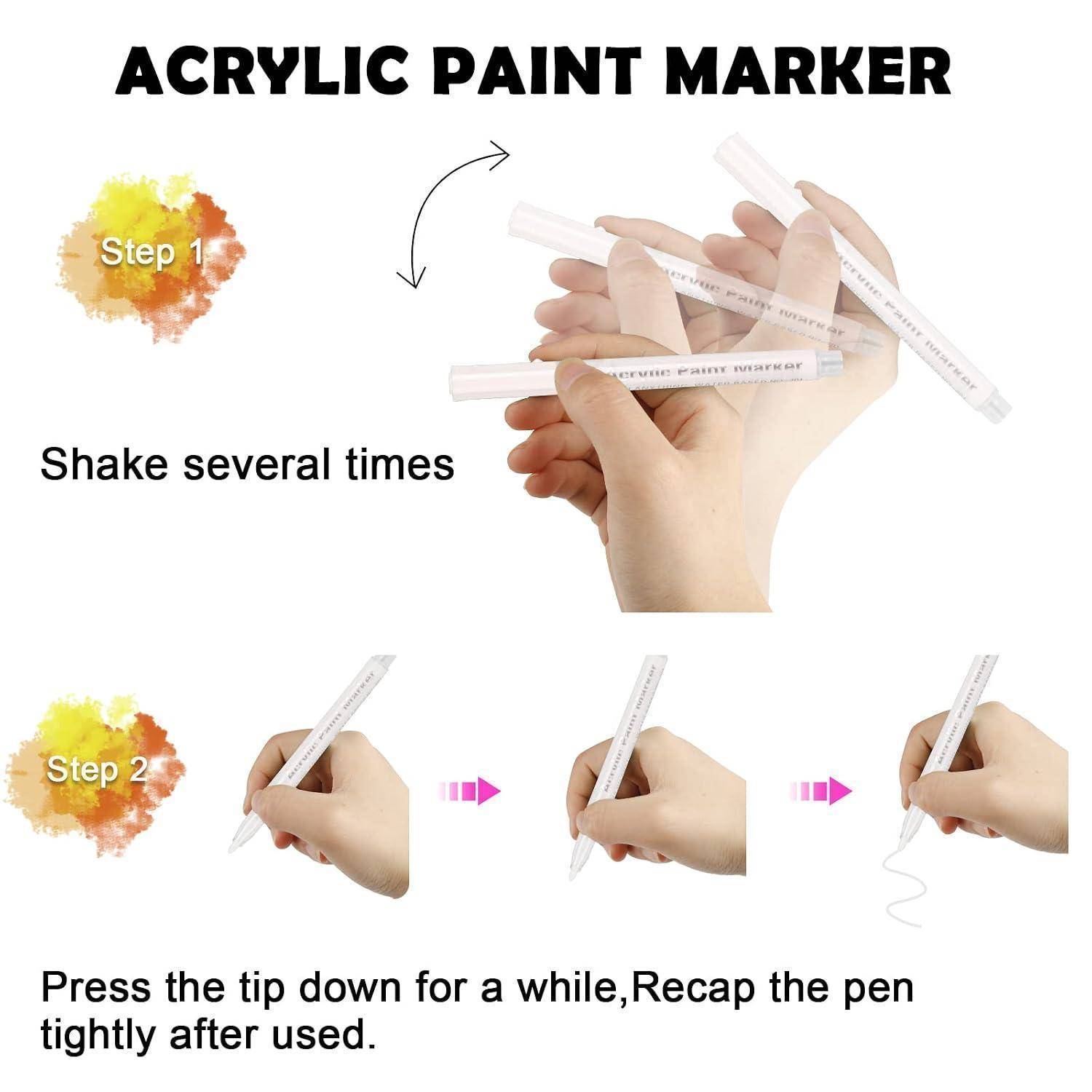 Anleitung für Acrylmarker: Schritt 1 mehrmals schütteln; Schritt 2 die Spitze drücken, dann nach Gebrauch fest wieder verschließen.