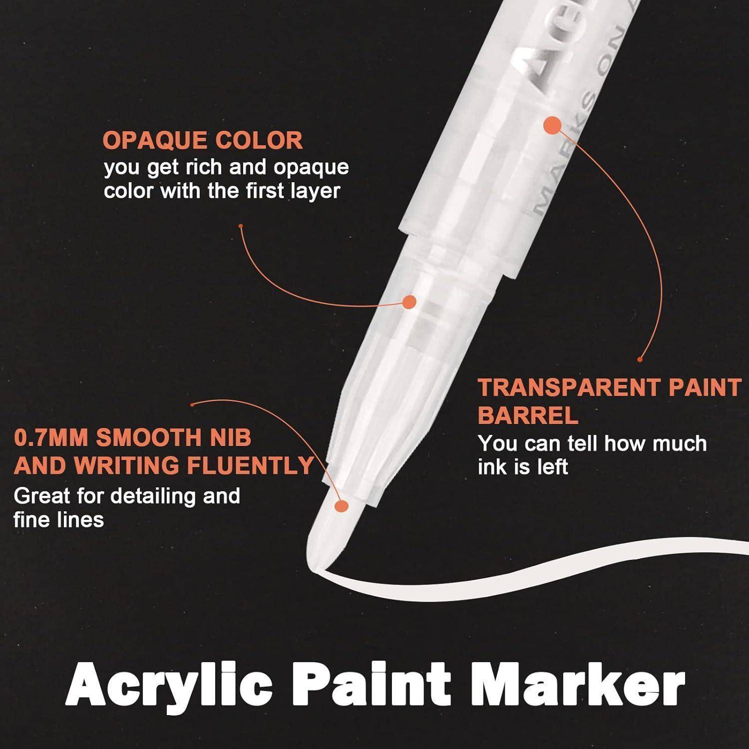Acrylfarben-Marker mit undurchsichtiger Grundschicht, transparentem Schaft zur Anzeige des Tintenstands und 0,7 mm glatter Spitze für feine Linien.