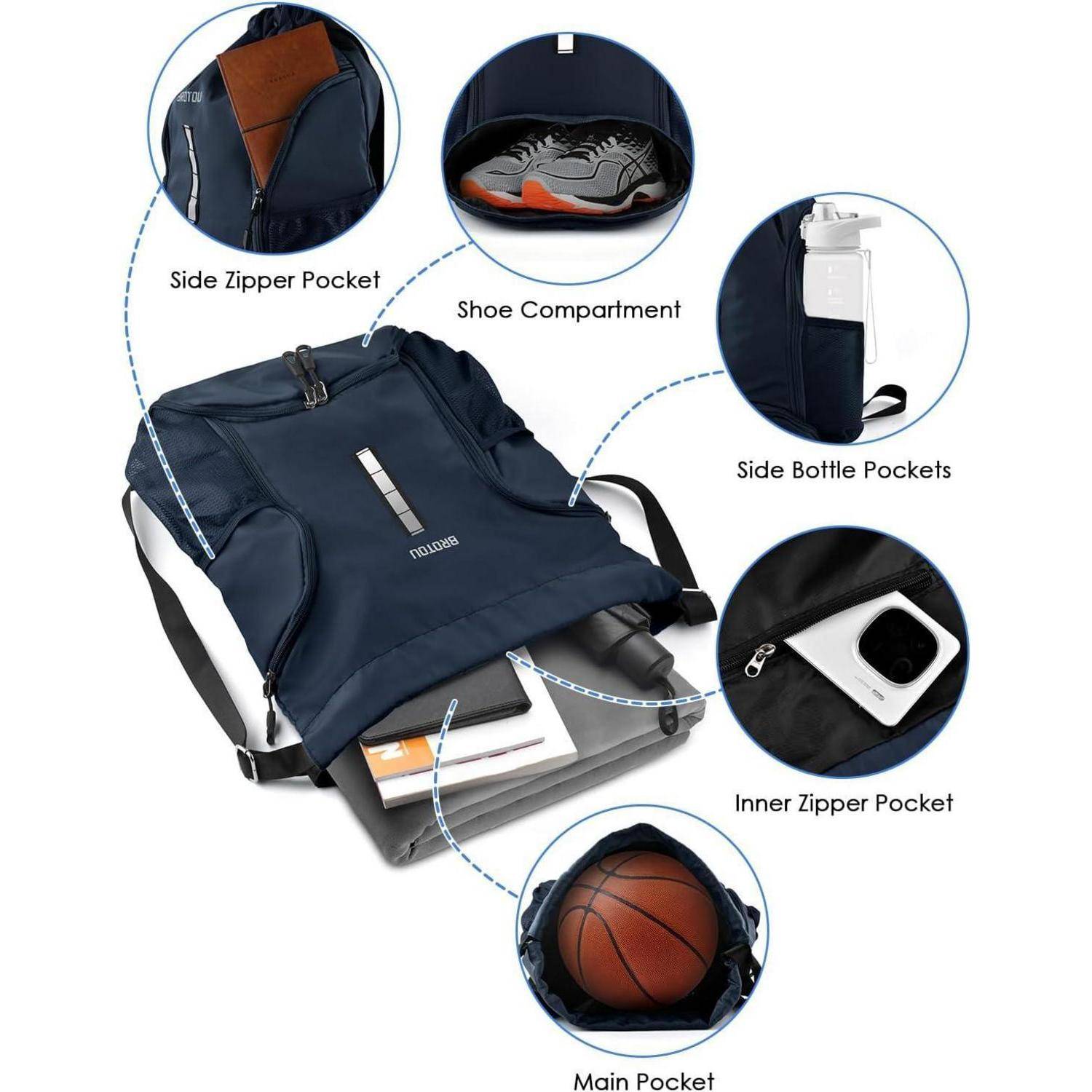 BROTOU Turnbeutel Sportbeutel Fußballtasche Rucksack Kordelzug Sporttasche mit Schuhfach Tunnelzug Gymsack Wasserfest Sporttasche für Herren Damen