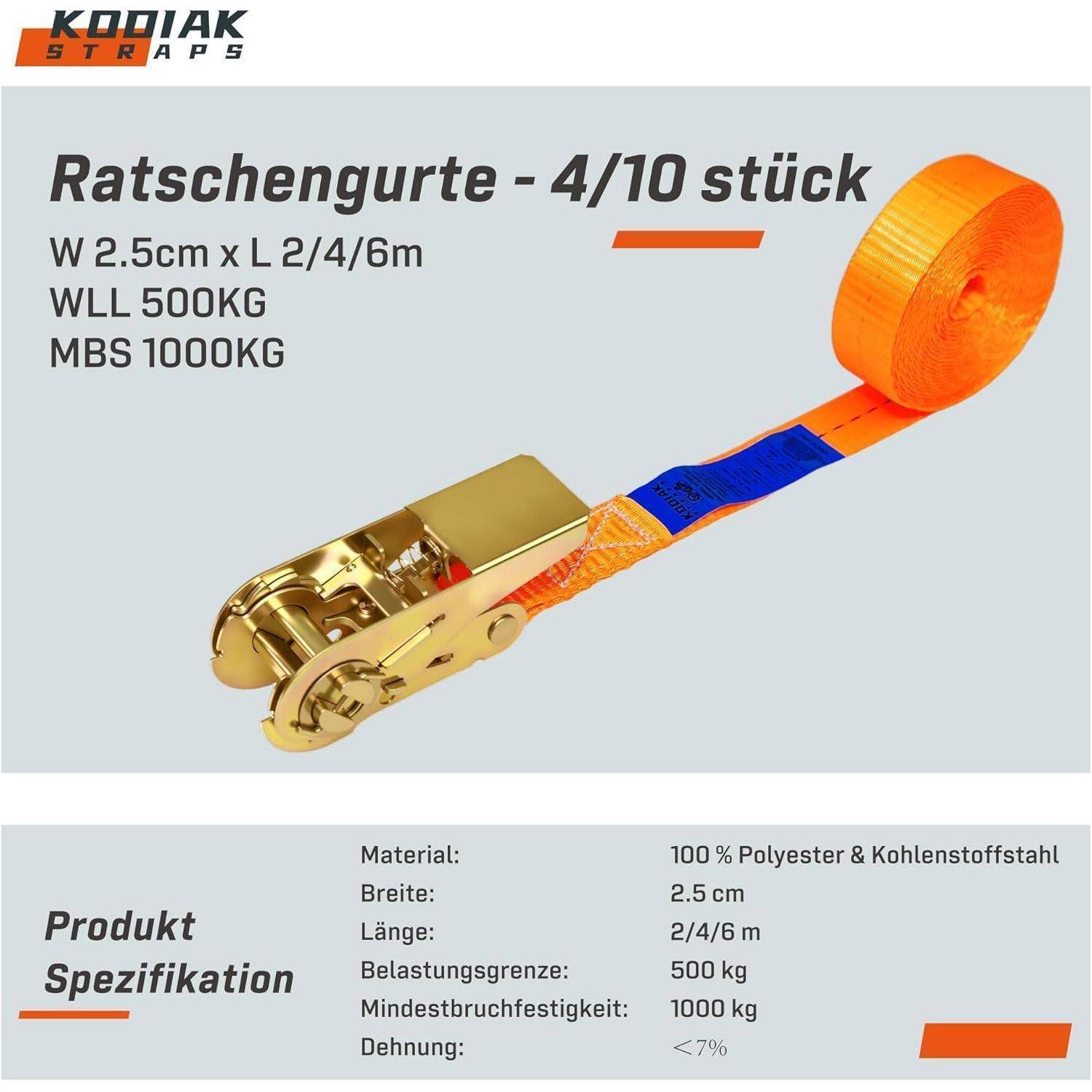 10 Stück Spanngurte 4m x 1000kg mit Ratschenschloss - 25mm Zurrgurte mit Ratsche - Orange Ratschengurt für Gepäck & Transport - TÜV/GS geprüft na
