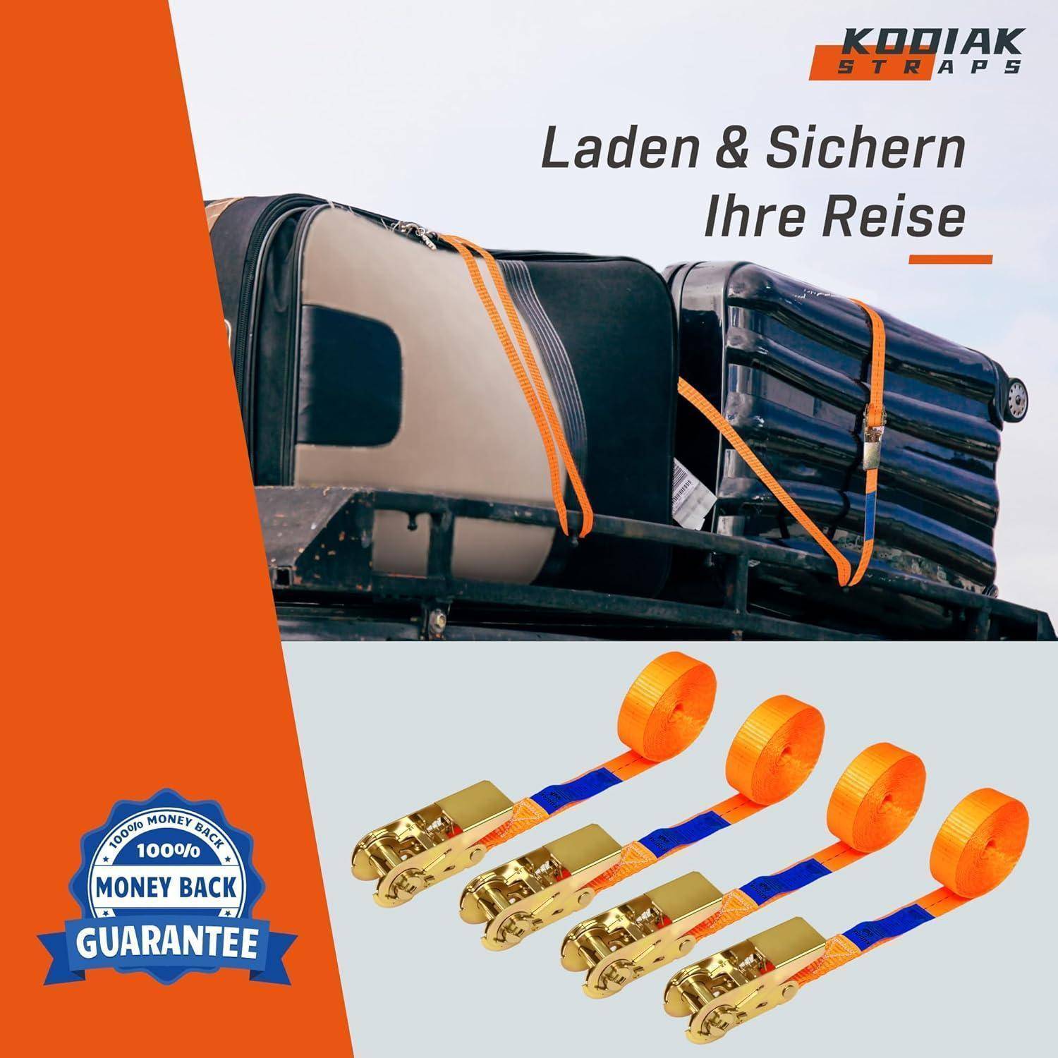 Werbebild zeigt einen festgeschnallten Koffer auf einem Dachgepäckträger eines Fahrzeugs und vier orange Ratschengurte; Text besagt „Ihre Reise laden und sichern