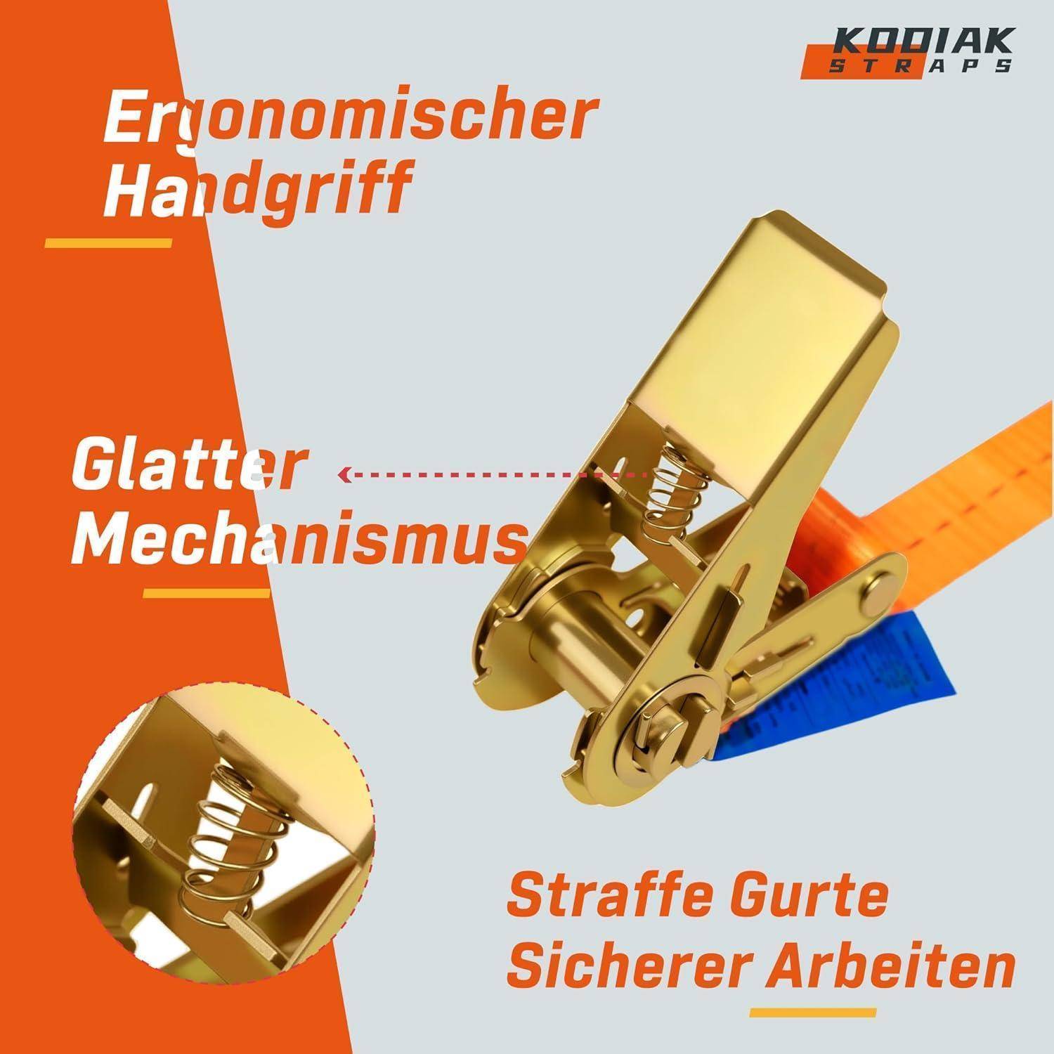 Werbegrafik einer goldfarbenen Ratschengurt-Schnalle mit orangenen und blauen Gurten, beschriftet mit 'Ergonomischer Handgriff', 'Glatter Mechanismus' und 'Straffe Gurte Sicherer Arbeiten'.
