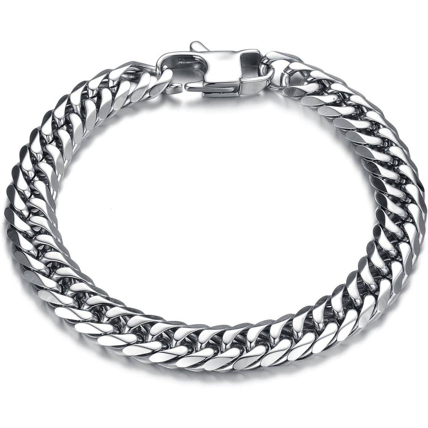 Silberne Kettenarmband mit Verschluss, auf weißem Hintergrund gezeigt.