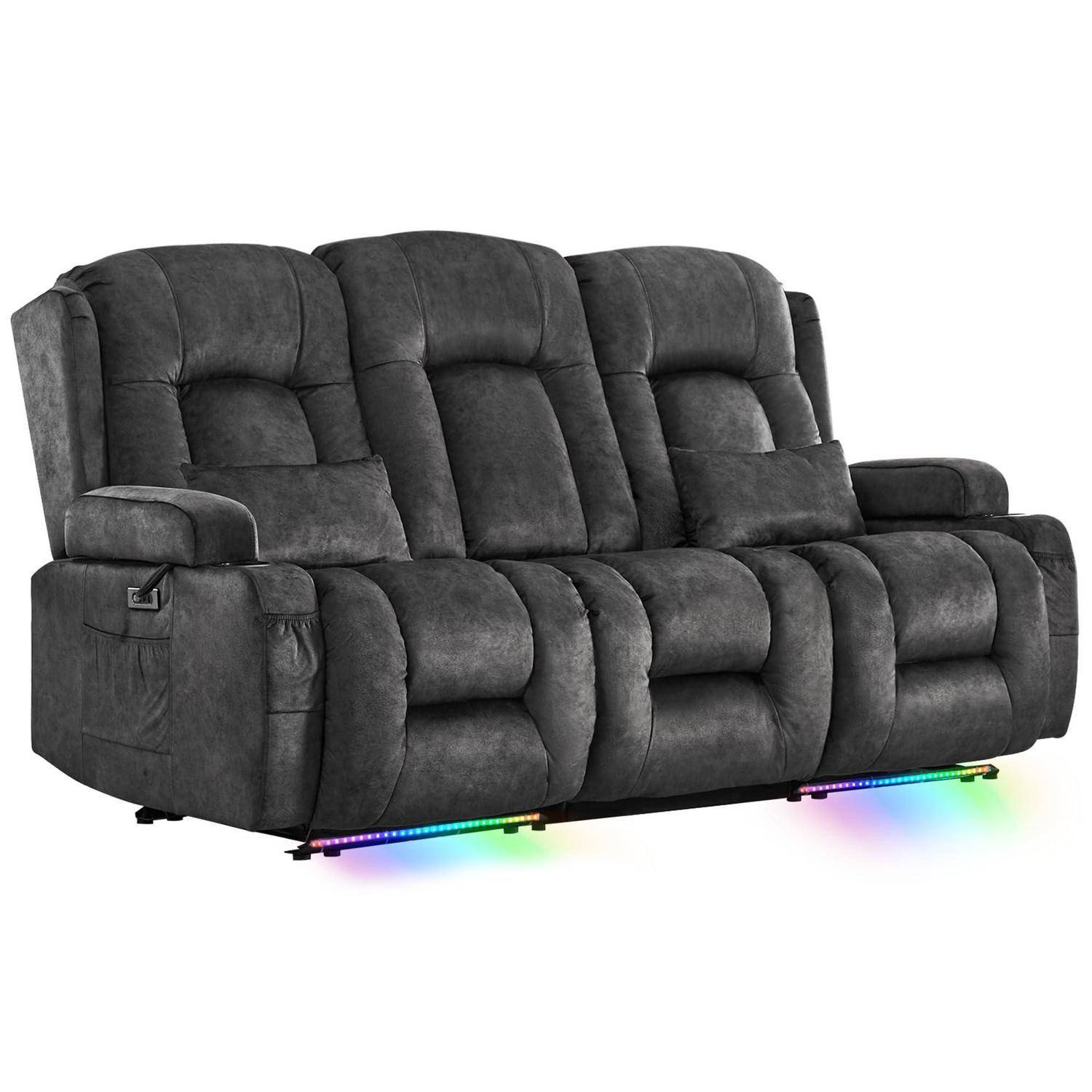Dunkelgraues dreieres Relaxsofa mit gepolsterten Armlehnen und mehrfarbiger LED-Beleuchtung darunter auf weißem Hintergrund.