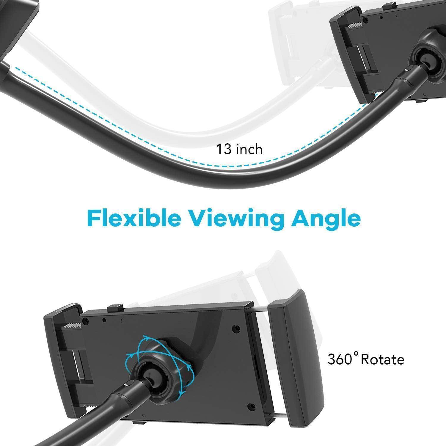 Produktgrafik mit einer Telefonhalterung mit flexiblem 13-Zoll-Arm und 360°-Rotation, gekennzeichnet mit „Flexible Betrachtungswinkel".