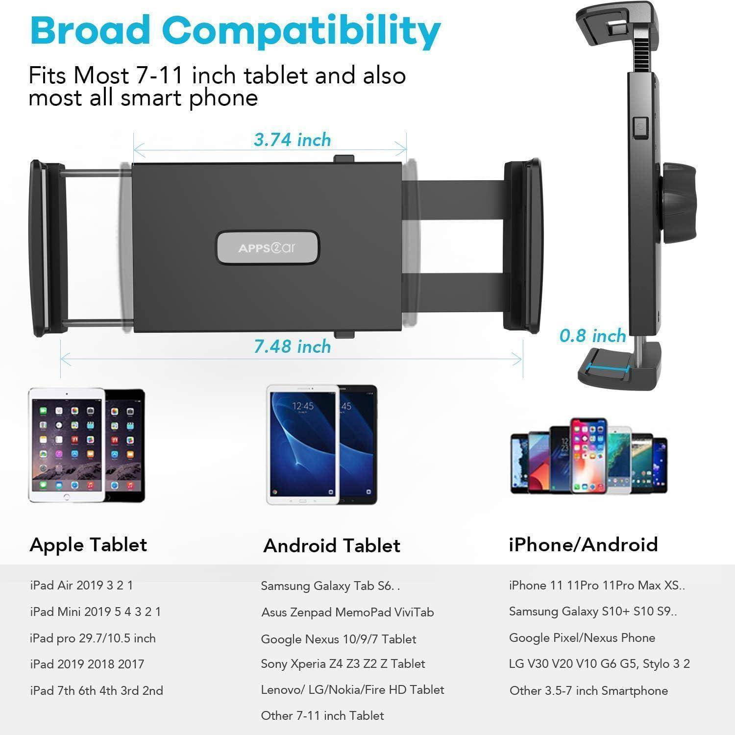 Kompatibilitätsanzeige für eine Auto-Kopfstützen-Tablet-/Telefonhalterung, die die meisten 7-11-Zoll-Tablets und die meisten Smartphones passt.