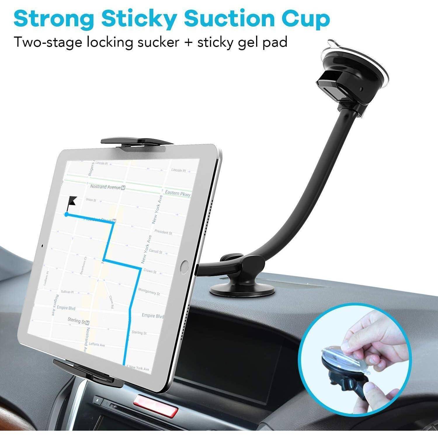 Tablet-Halterung für das Autodashboard mit starkem klebrigenem Saugnapf und verstellbarem Arm, hält eine GPS-Karte auf einem Tablet; die Einleitung zeigt einen verriegelbaren Saugmechanismus.