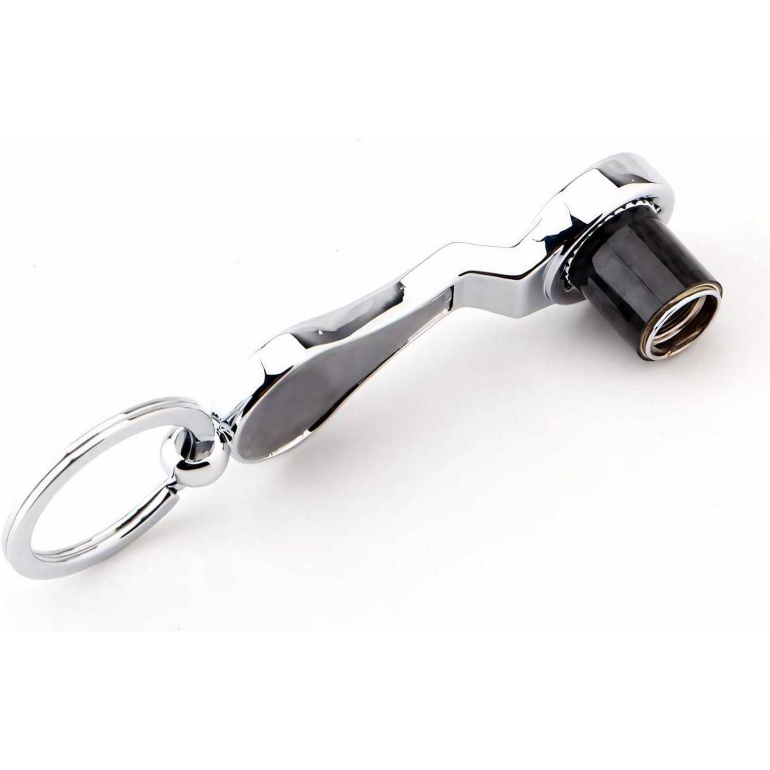 Chrome-Schlüsselbund-Taschenlampe mit schwenkbarem Kopf, dargestellt auf weißem Hintergrund.