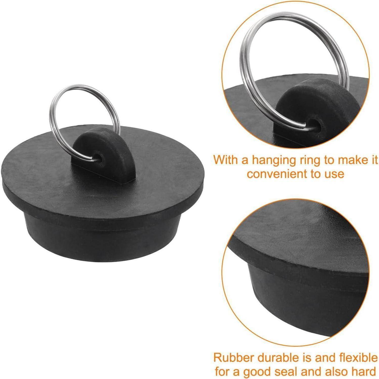 Schwarzer Gummistöpsel mit metallischem Aufhängerring, dargestellt mit vergrößerten Detailaufnahmen, die den Ring und das flexible, langlebige Material hervorheben.