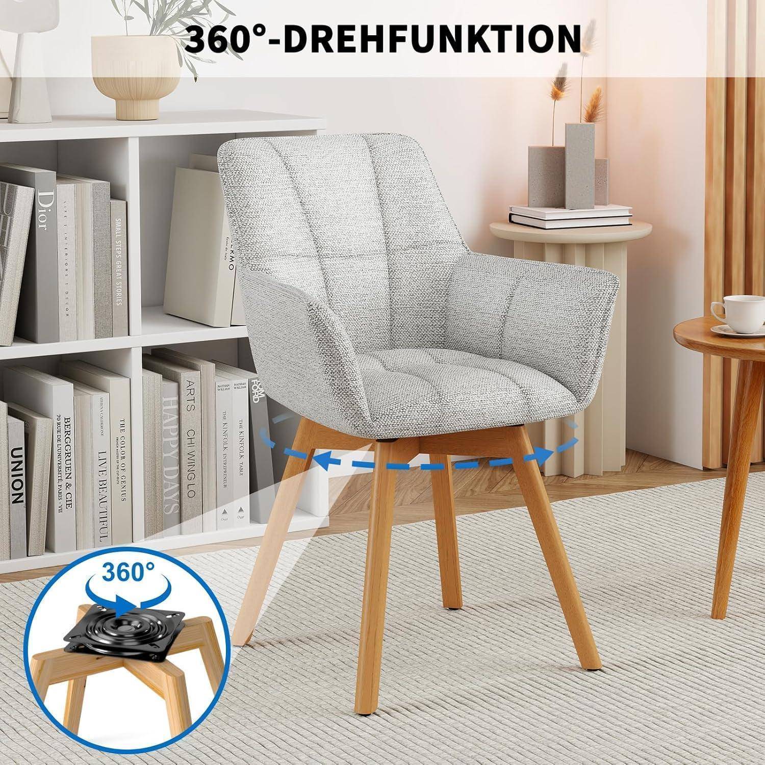 Grauer Polsterstuhl mit Holzbeinen in einem Raum gezeigt, mit der Beschriftung '360°-DREHFUNKTION' und einer Grafik, die eine rotierende Sitzbasis veranschaulicht.