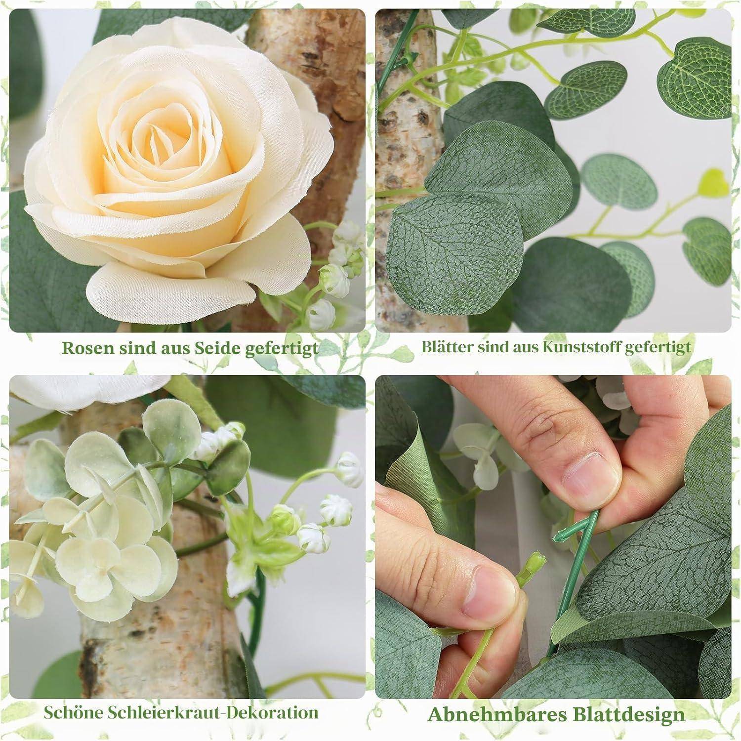 Vierpanel-Handwerksbild, das eine Seidenrose, künstliche Blätter, Schleierkraut-Dekoration und ein abnehmbares Blattdesign zeigt, das von Hand angepasst wird.