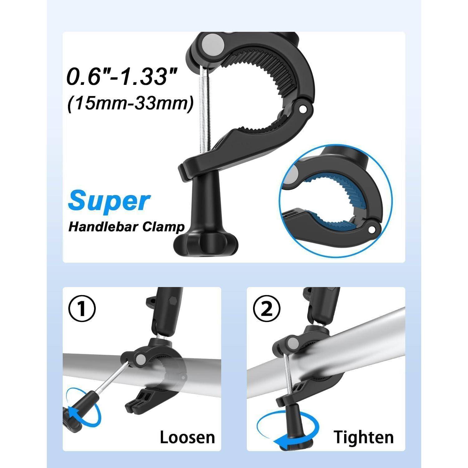 Produktbild einer „Super Handlebar Clamp" (Super-Lenkerstange-Klemme), verstellbar von 0,6–1,33 Zoll (15–33 mm), zeigt Nahaufnahmen der Klemmdetails und Installationsschritte: Lockern, dann auf einer Lenkerstange anziehen.