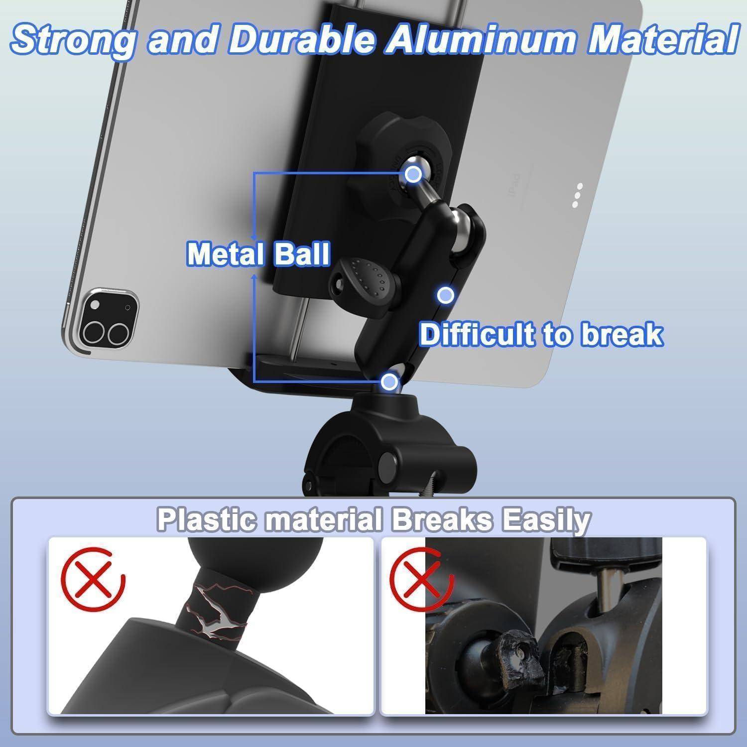 Werbegrafik zum Vergleich einer langlebigen Metallkugelbefestigung auf einem Tablet mit zerbrochenen Kunststoffhalterungen, die "Starkes und langlebares Aluminiummaterial"" und ""Kunststoffmaterial bricht leicht"" betont.