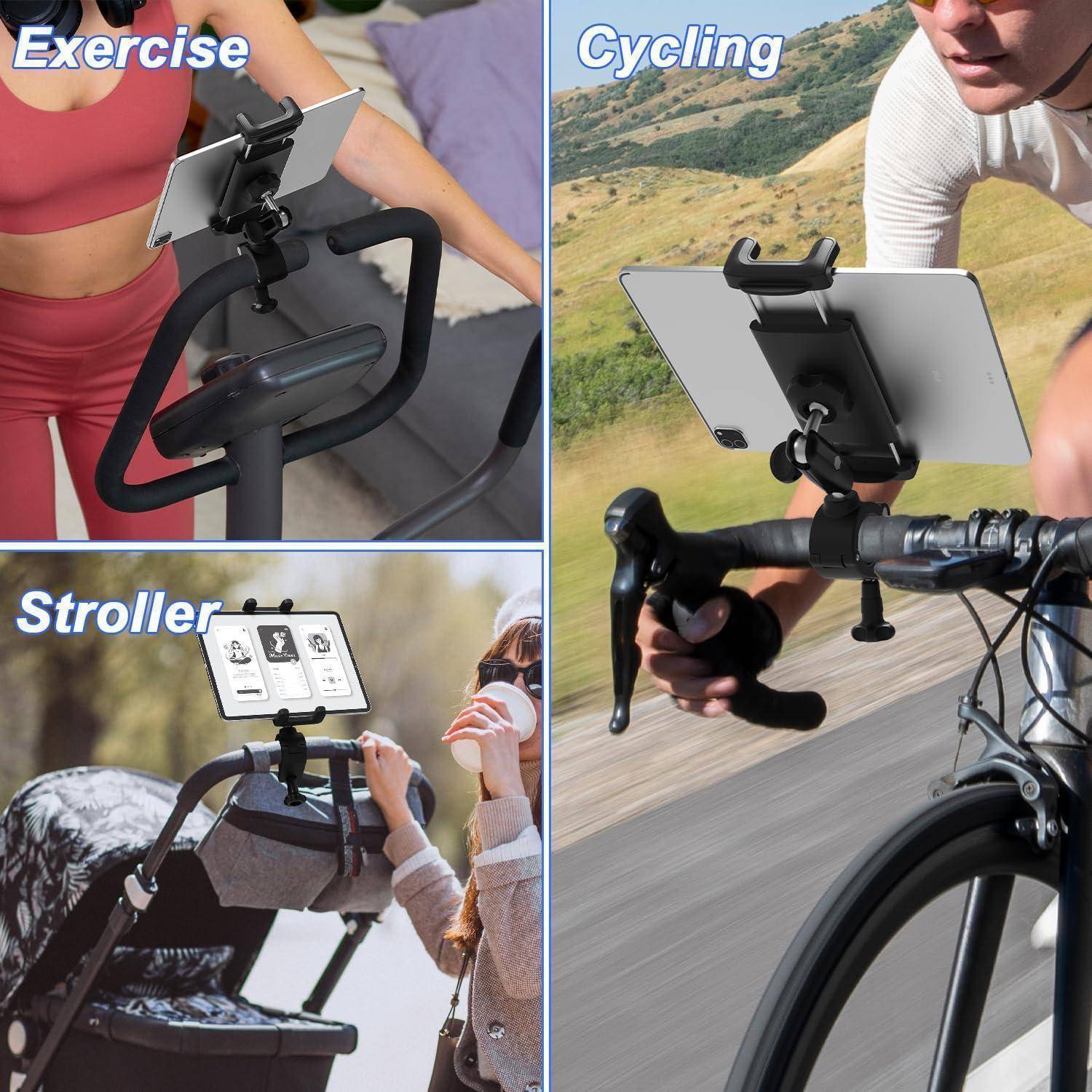 Collage zeigt ein Tablet, das auf Lenker für Trainings-, Fahrrad- und Kinderwagen-Nutzung montiert ist; beschriftet mit "Trainingsgeräte"", ""Radfahren"" und ""Kinderwagen"".