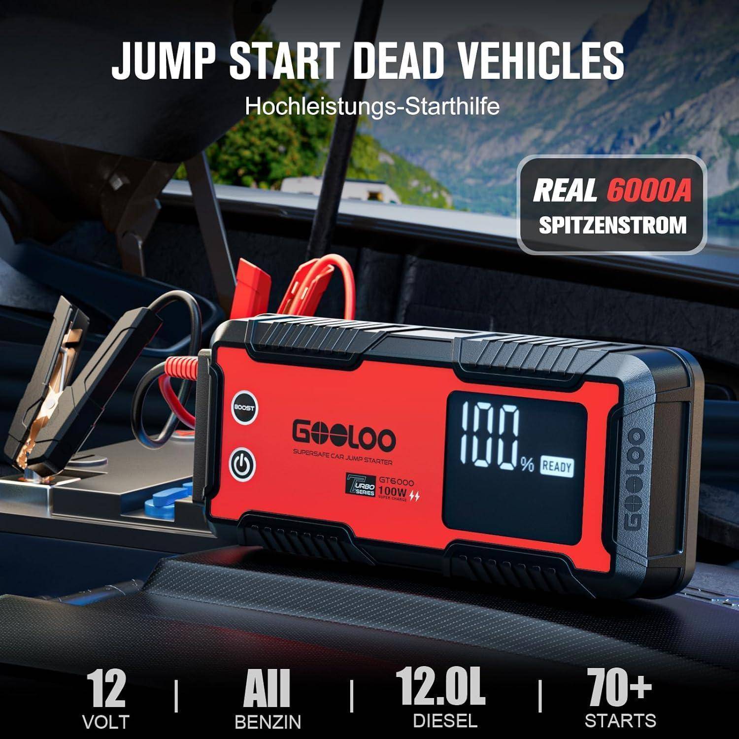 GOOLOO GT6000 Starthilfe Powerbank,6000A Peak Ultar Sicher Zweiwege-Schnellladegerät für 12V Fahrzeuge(All Benzin und 12 L Diesel), Booster Auto Sta