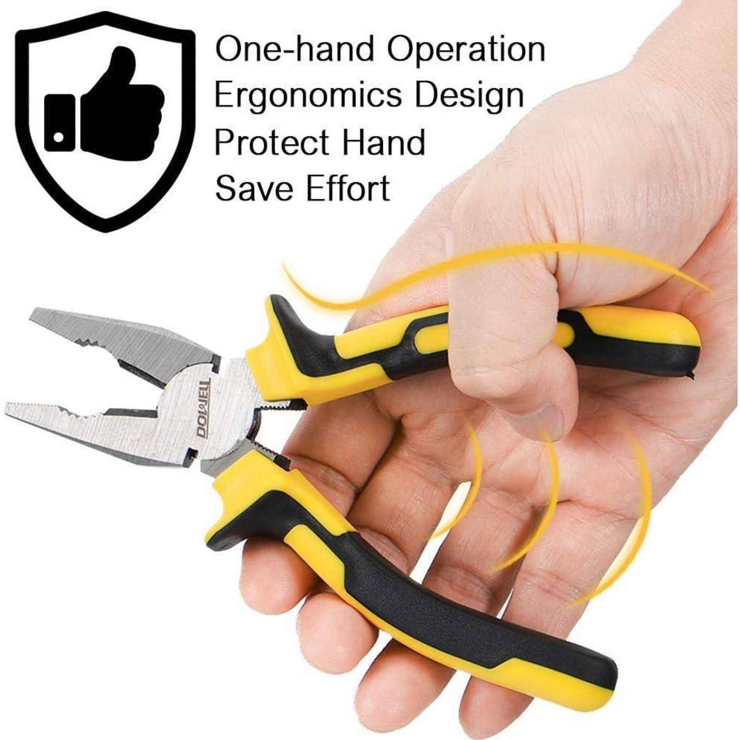 Hand hält gelb-schwarze Zange; Text sagt „Bedienung mit einer Hand Ergonomisches Design Schutz der Hand Kraft sparen