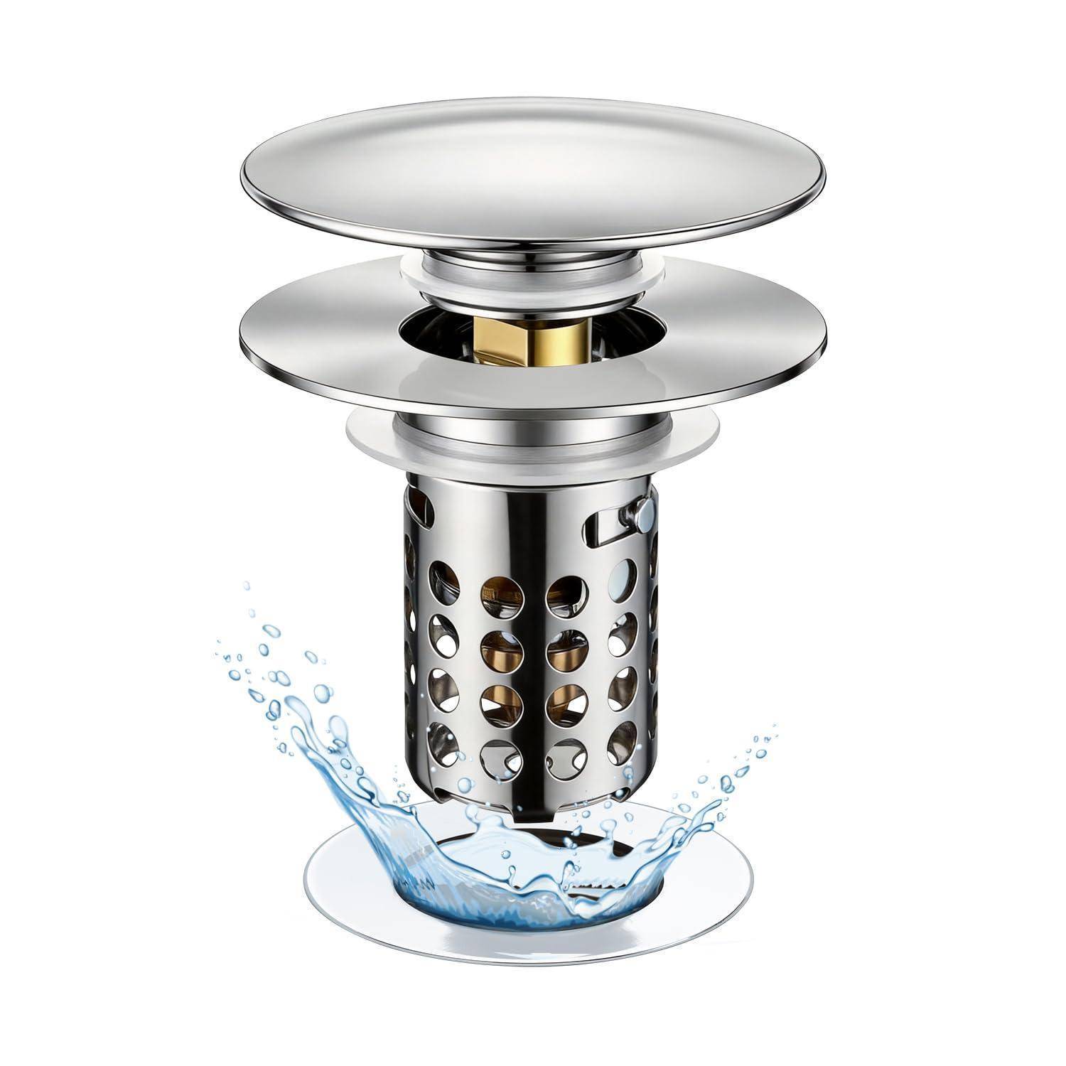 Abflusssieb Waschbecken, Pop Up 3 in 1 Abflussstopfen mit Sieb und Abnehmbarem Edelstahl Filterkorb Stöpsel Waschbecken, Waschbeckenstöpsel für 28