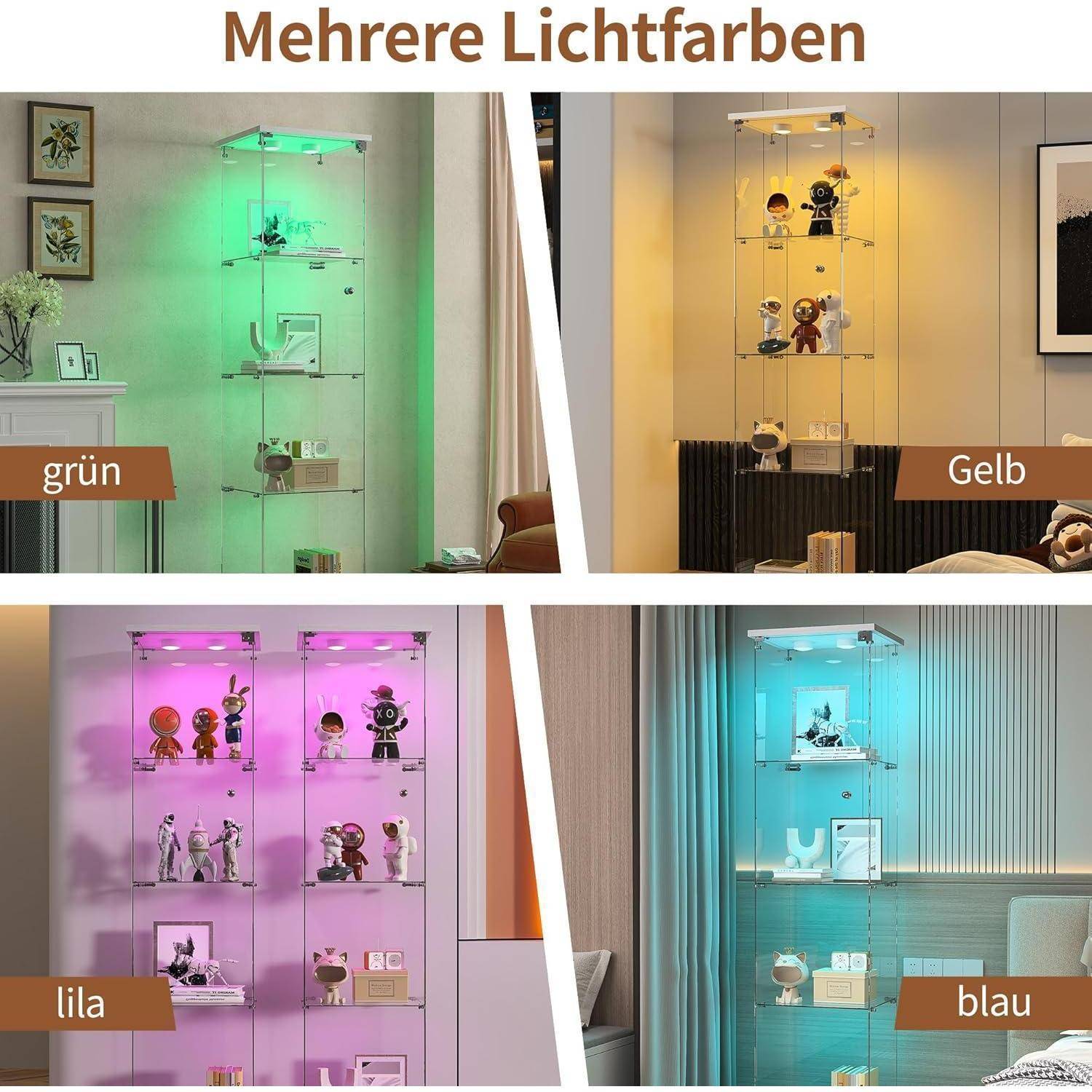 Vier nebeneinander angeordnete Fotos einer beleuchteten Glausvitrine in verschiedenen Farben: grün, gelb, lila und blau, beschriftet mit „grün