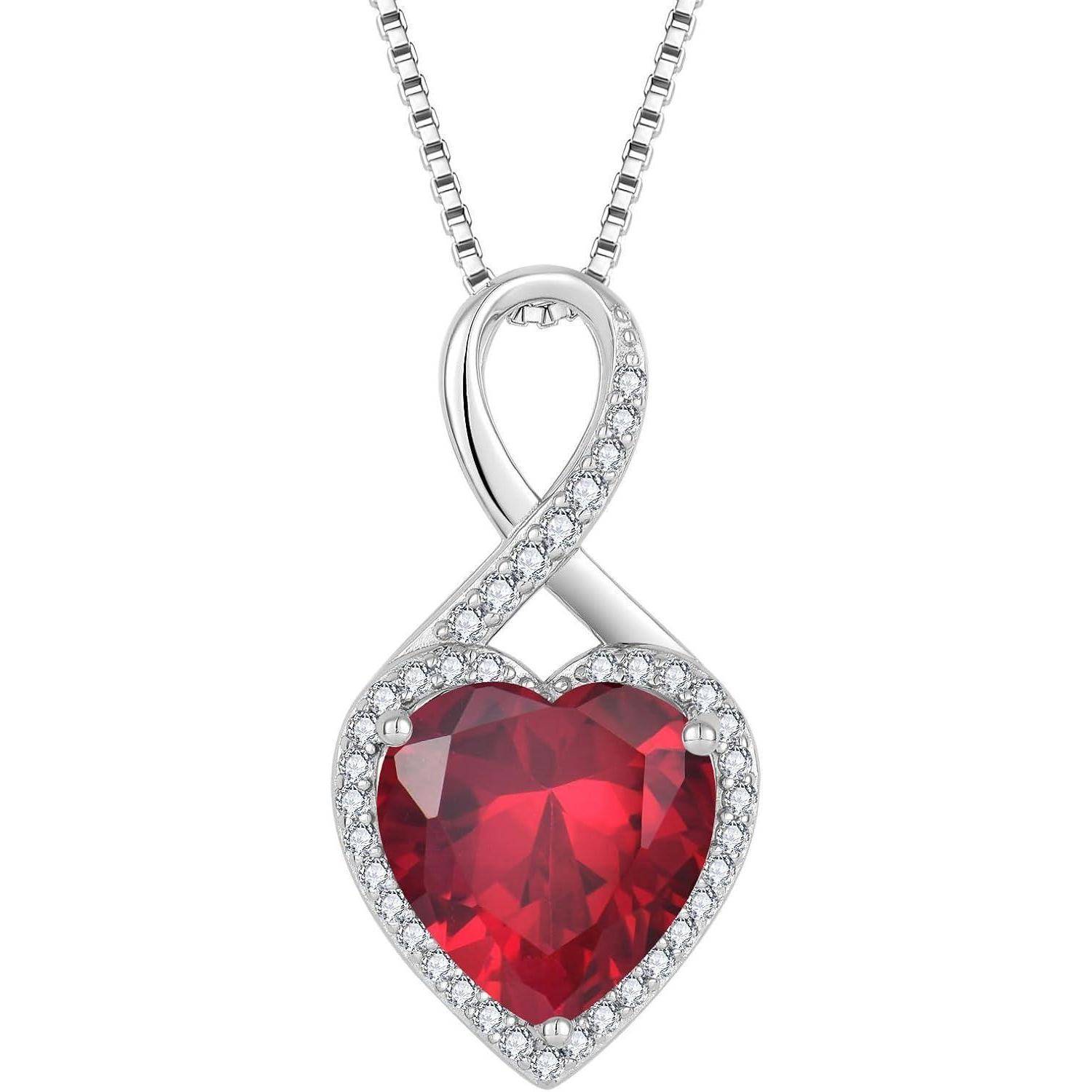 FJ Unendlichkeit Kette Damen 925 Sterling Silber Herz Geburtsstein Halskette Schmuck für Frauen Mutter Freundin Mama 07 Juli - Rubin