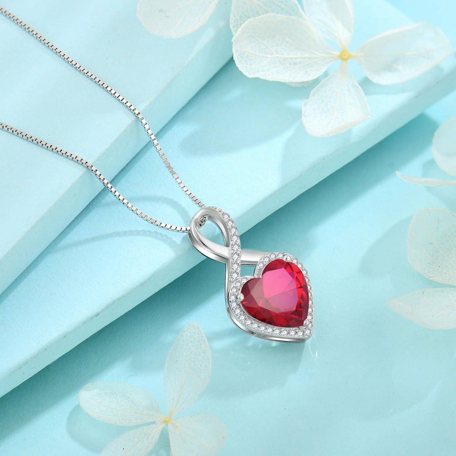 FJ Unendlichkeit Kette Damen 925 Sterling Silber Herz Geburtsstein Halskette Schmuck für Frauen Mutter Freundin Mama 07 Juli - Rubin