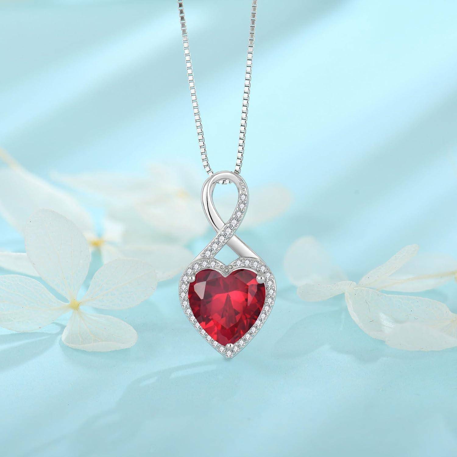 FJ Unendlichkeit Kette Damen 925 Sterling Silber Herz Geburtsstein Halskette Schmuck für Frauen Mutter Freundin Mama 07 Juli - Rubin