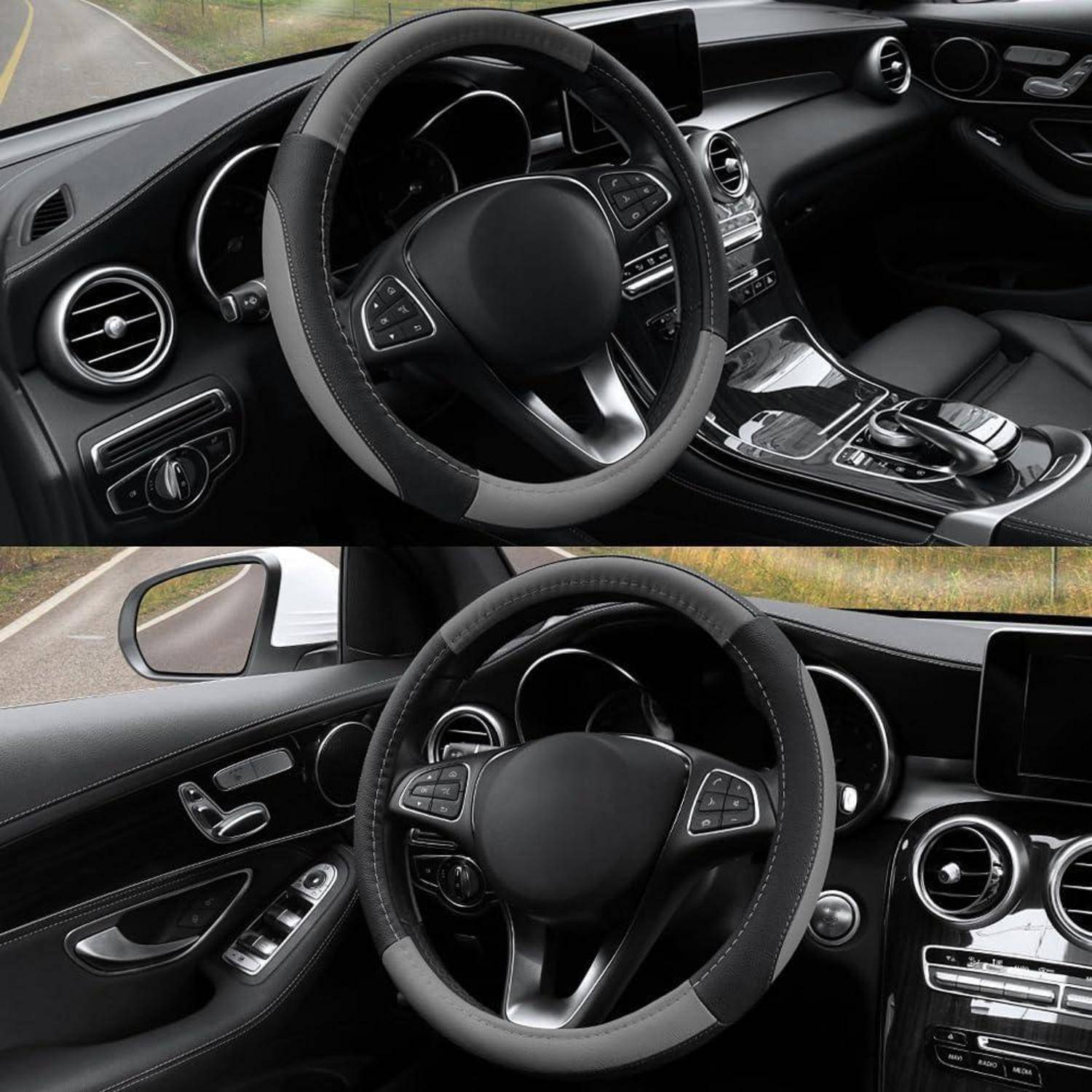 Collage eines schwarzen Lederinnenraums eines Autos mit Hervorhebung des Lenkrads, des Armaturenbretts, der Mittelkonsole und der Bedienelemente der Fahrzeugtür.