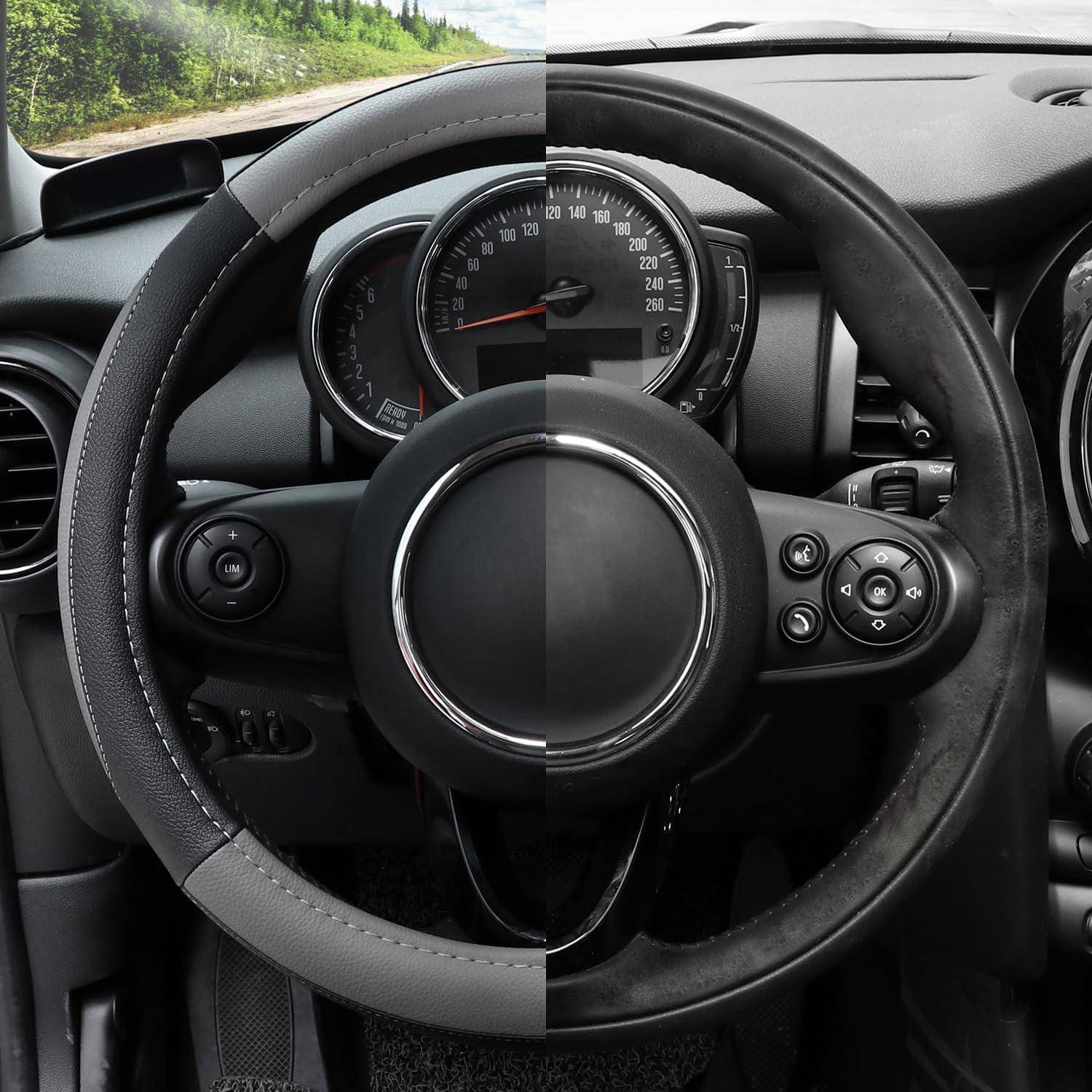 Nahaufnahme eines Autolenkrads und Armaturenbretts, die den Tachometer und Kontrolltasten im Fahrzeuginneren zeigen.